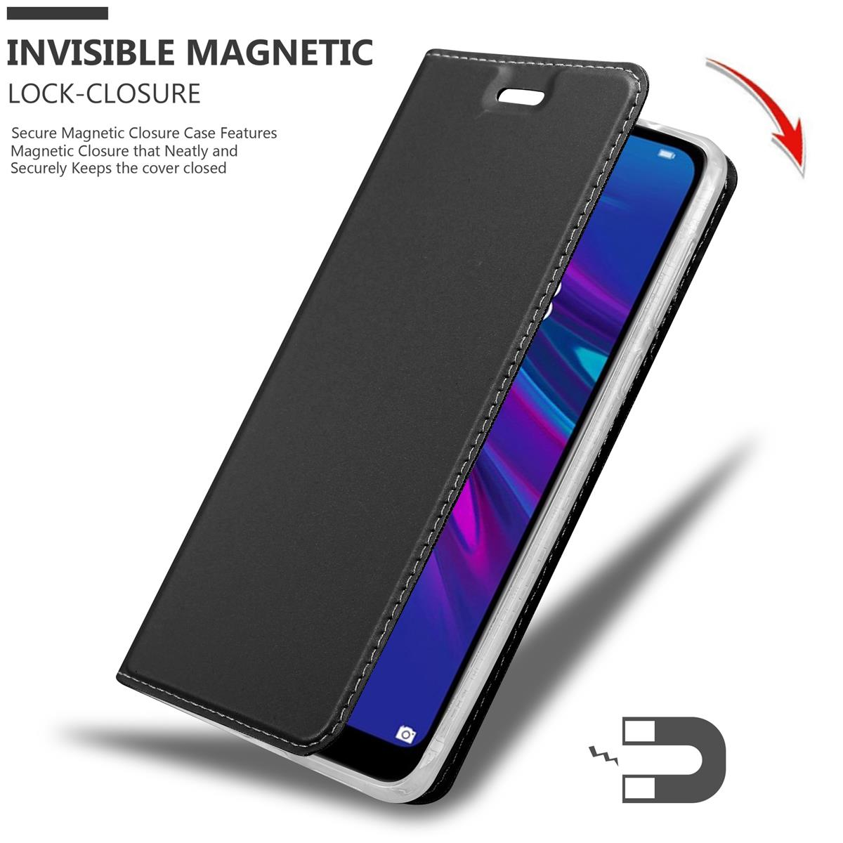 Schwarze Handyhülle, offen, zeigt das Telefon. Text: Unsichtbarer Magnetverschluss. Magnetsymbol.