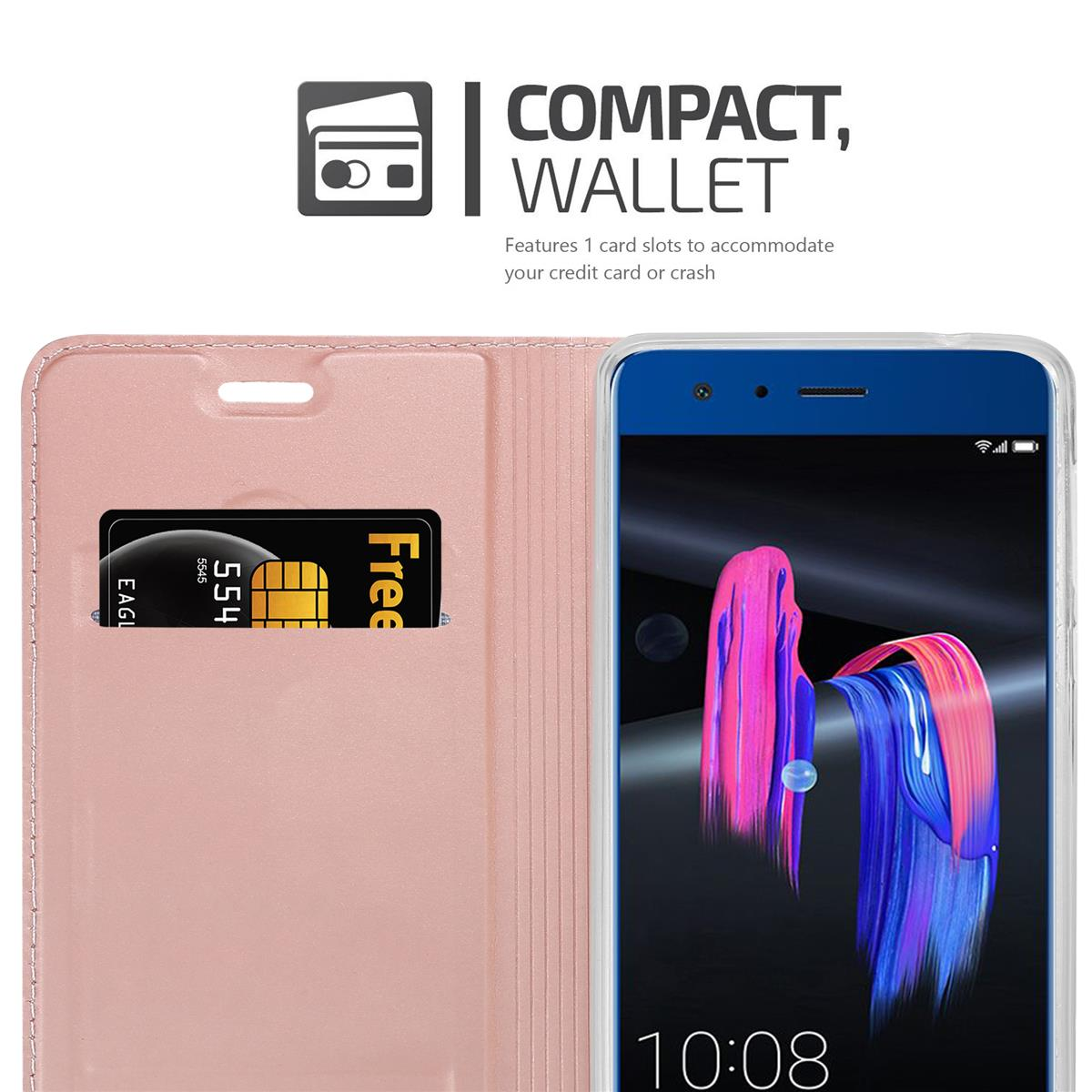 Eine offene rosa Handyhüllen-Geldbörse mit einem Telefon und einem Kreditkartenfach. Text sagt 'Kompakt, Geldbörse'.