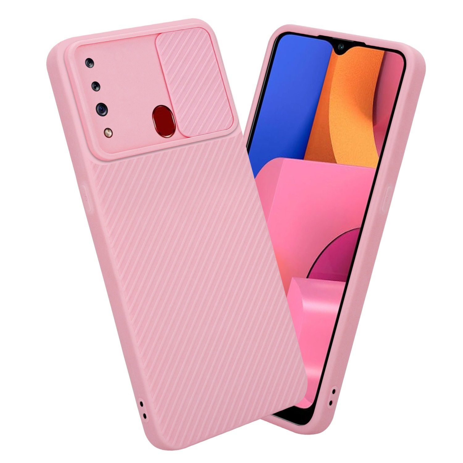 Rosa Handyhülle mit Kameraschieber, hält ein Telefon. Rosa Telefonbildschirm ist sichtbar.