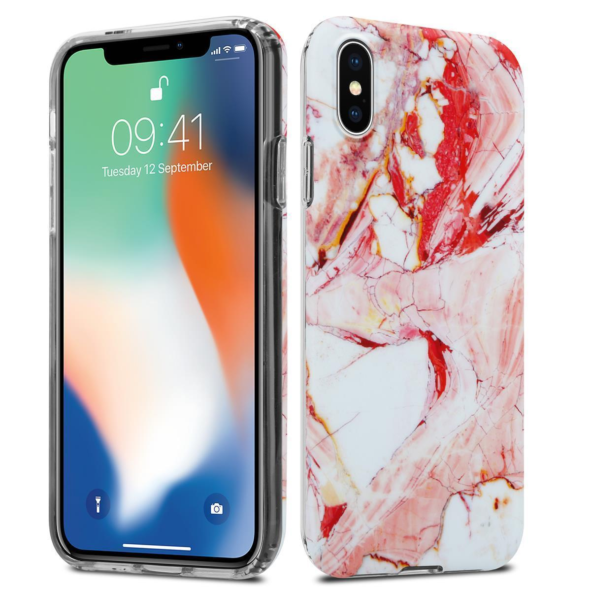 Custodia per telefono con texture marmorea, due viste, su sfondo bianco.