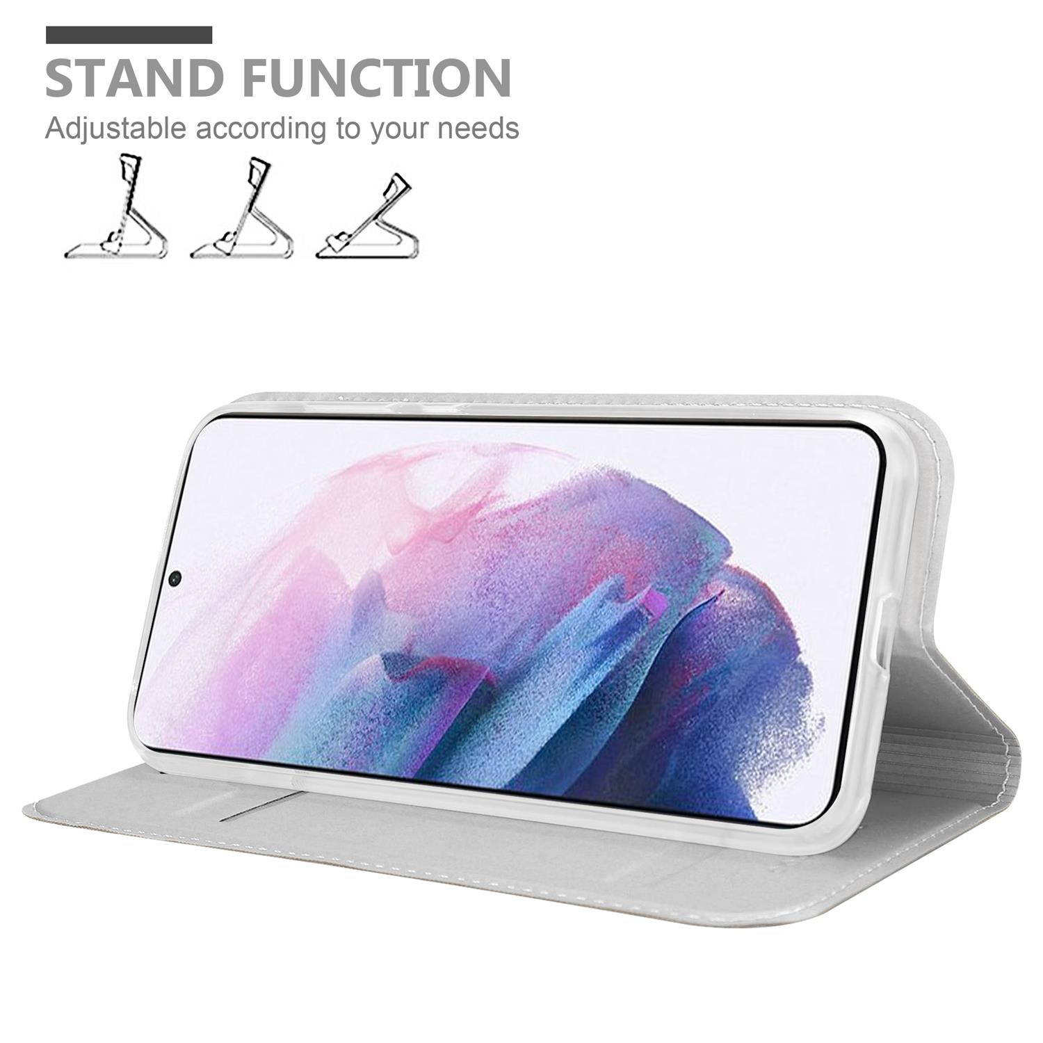 Ein Telefon in einem grauen Etui, das geöffnet ist, um den Bildschirm zu zeigen. Text sagt: 'Standfunktion'.