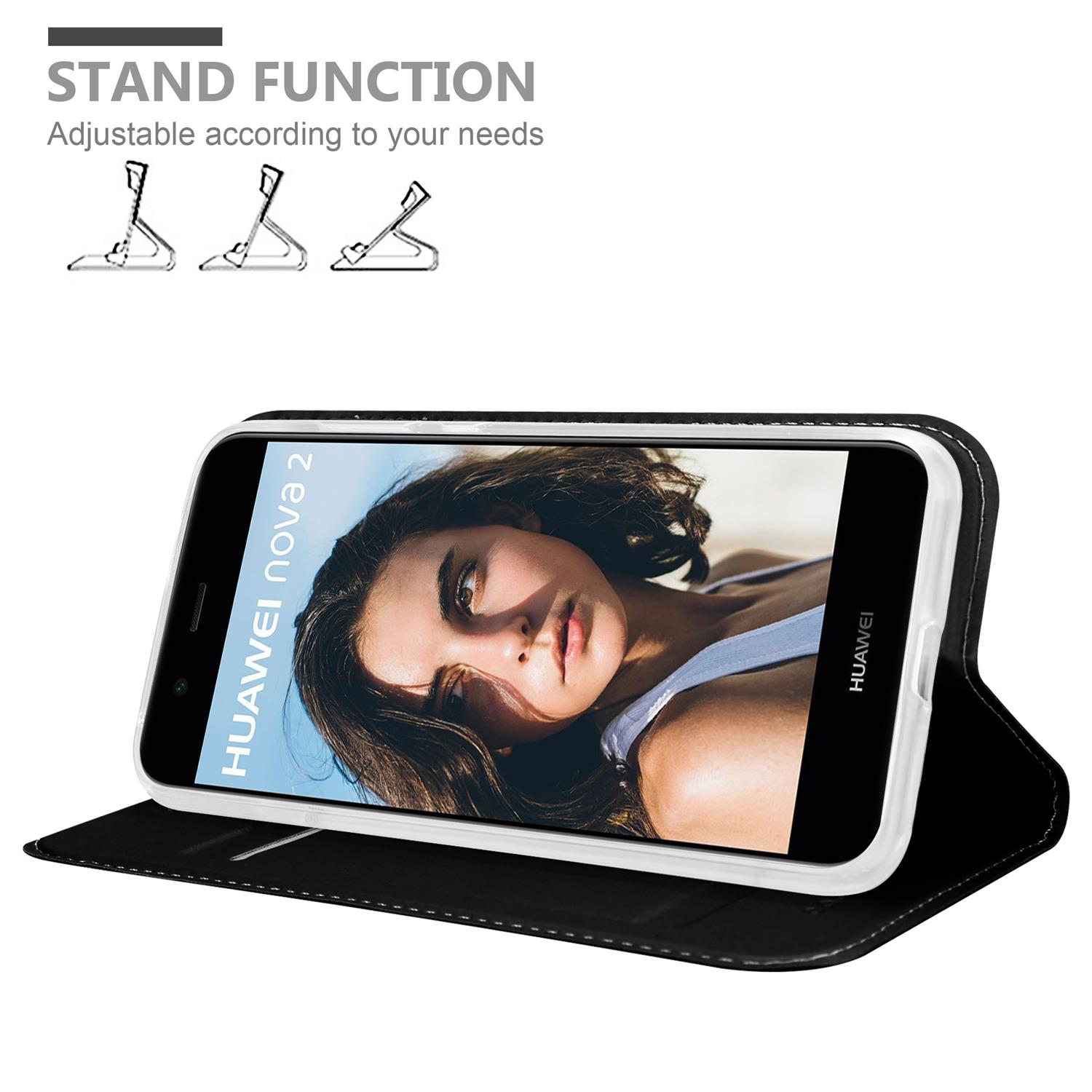 Un téléphone dans un étui noir est ouvert, affichant l'écran. La fonction support est mise en évidence avec différents types de support.