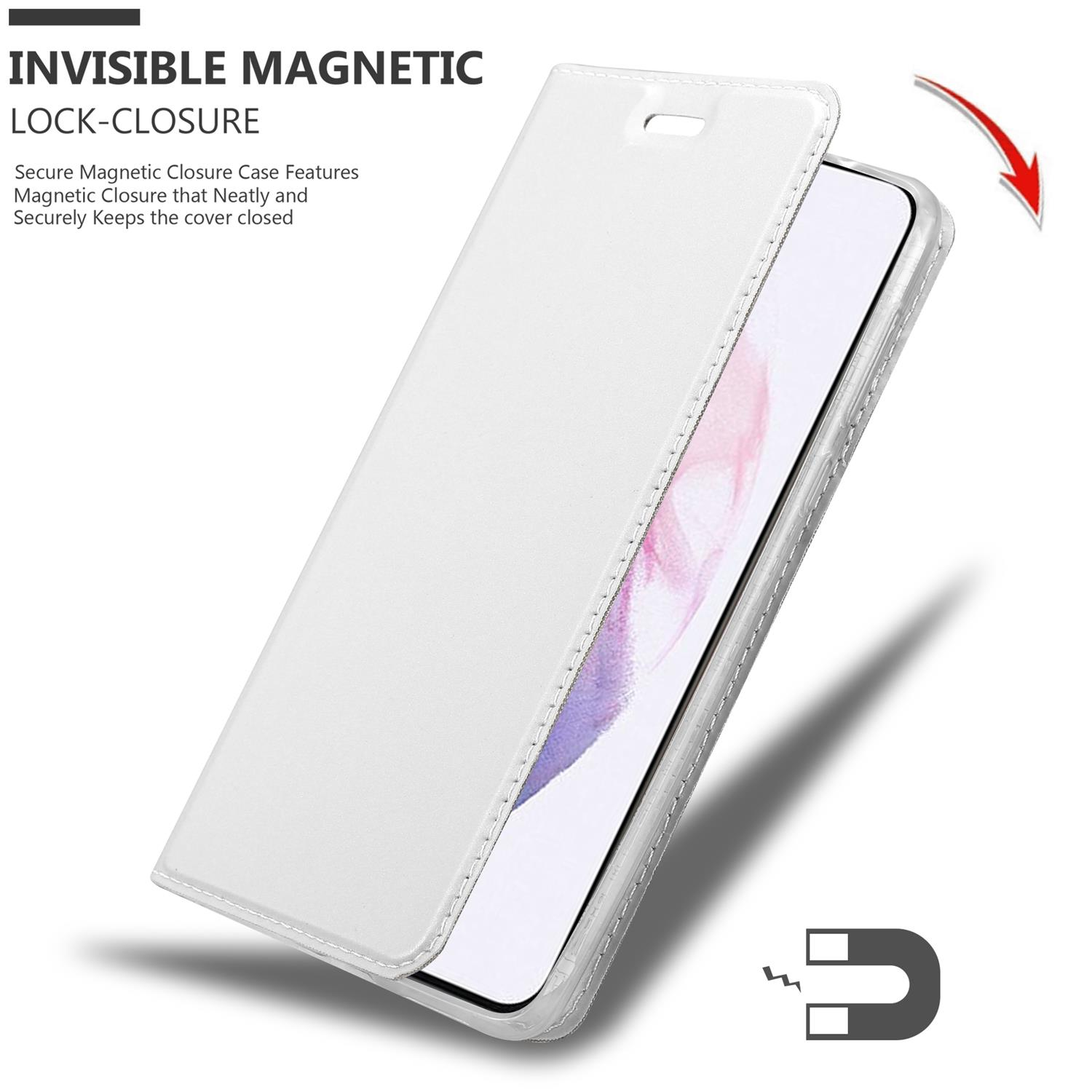 Weiße Handyhülle mit offenem Deckel. Text: INVISIBLE MAGNETIC LOCK-CLOSURE oben.