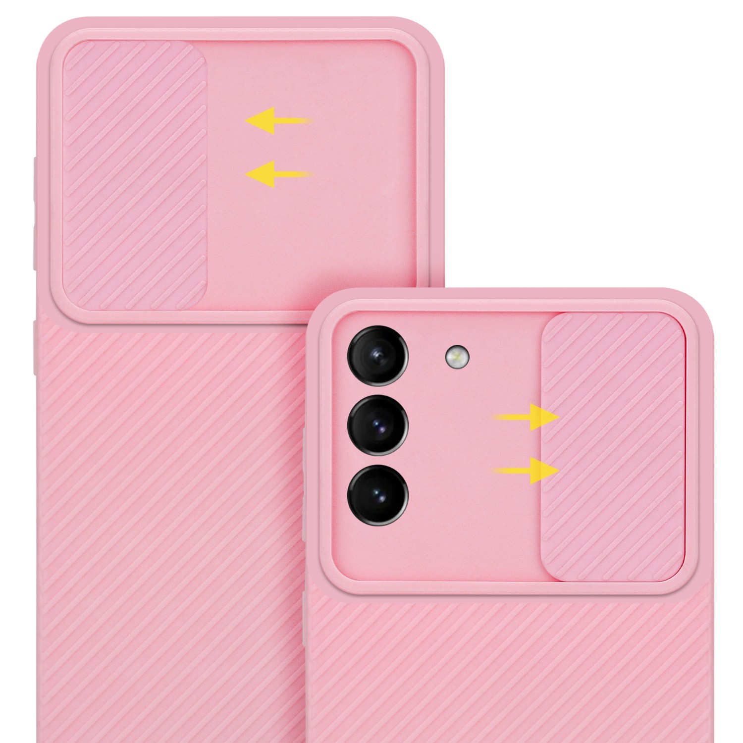 Custodia rosa per telefono con protezione fotocamera. Il telefono è a destra. Vengono mostrate frecce gialle.