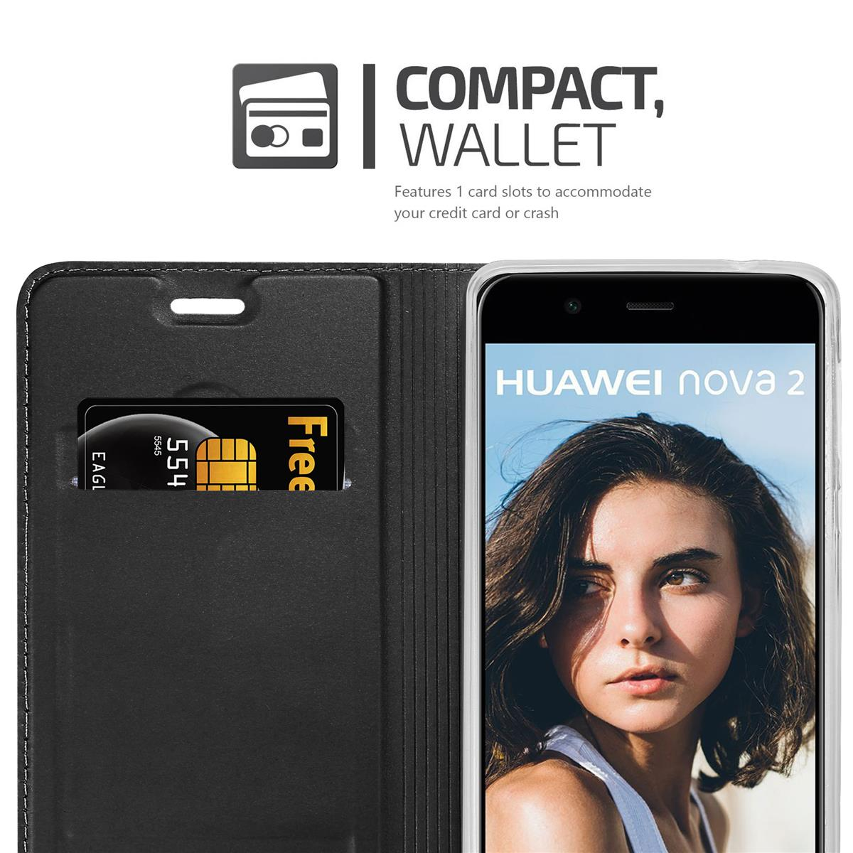 Étui portefeuille pour téléphone avec carte. Le téléphone est dans un étui portefeuille noir avec une fente pour carte et une carte.