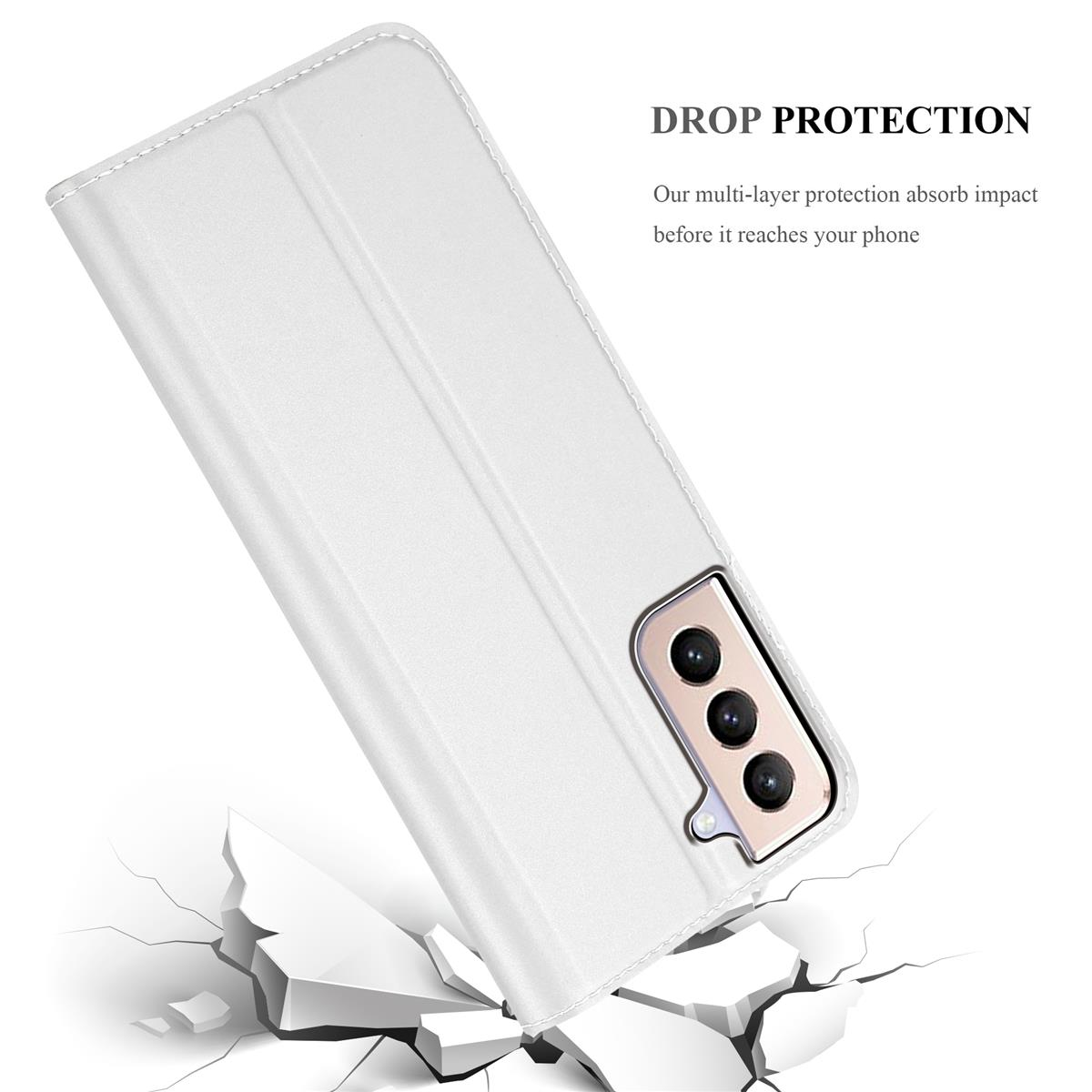 Weiße Handyhülle, offen, auf einer Oberfläche, die ein Telefon zeigt. Text: 'DROP PROTECTION'.