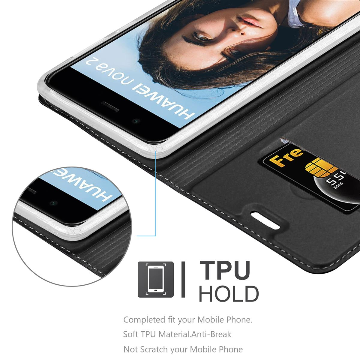Un étui de téléphone ouvert avec un téléphone à l'intérieur, une carte SIM et le texte 'TPU HOLD', sur fond noir.