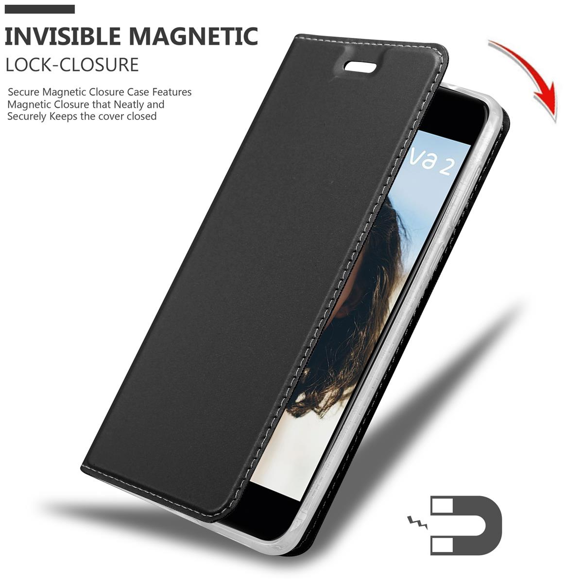Coque de téléphone noire avec fermeture magnétique, partiellement ouverte, montrant le téléphone à l'intérieur.