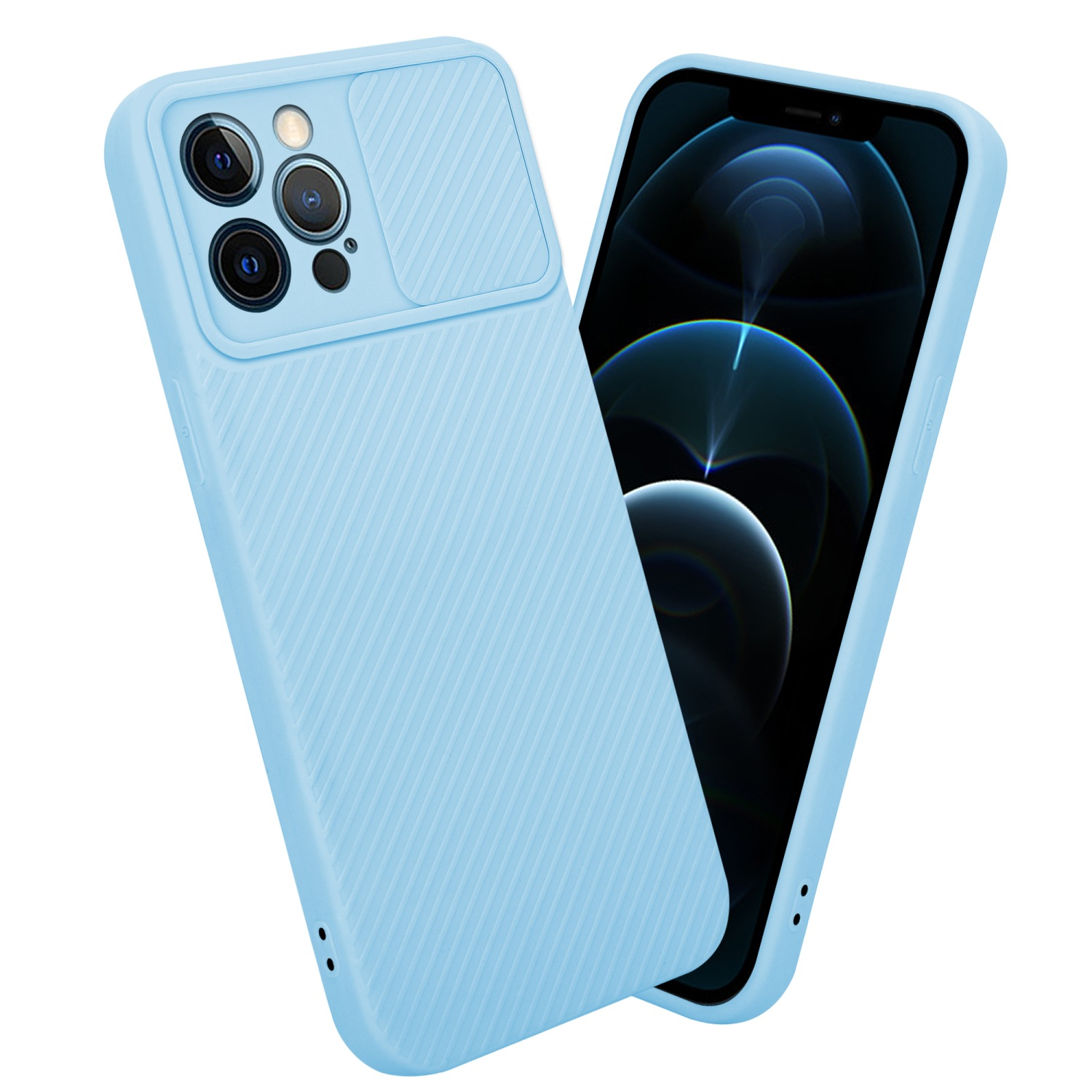 Eine blaue Handyhülle mit Kameraabdeckung, neben einem Telefon mit einem Bildschirm, der einen blauen Hintergrund zeigt.