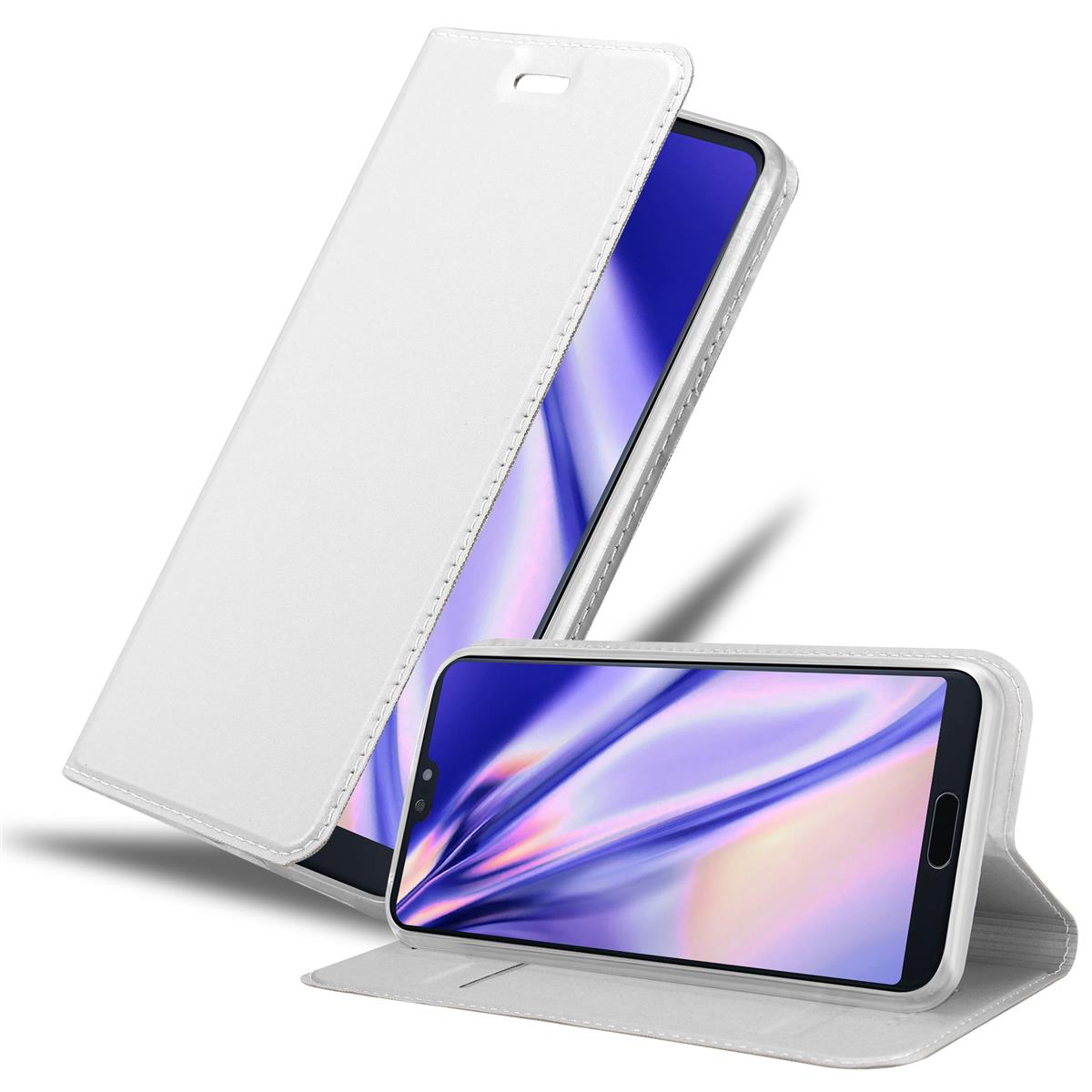 Weiße Handyhülle, offen, mit einem Telefon darin. Das Telefon ist angewinkelt und zeigt den Bildschirm.