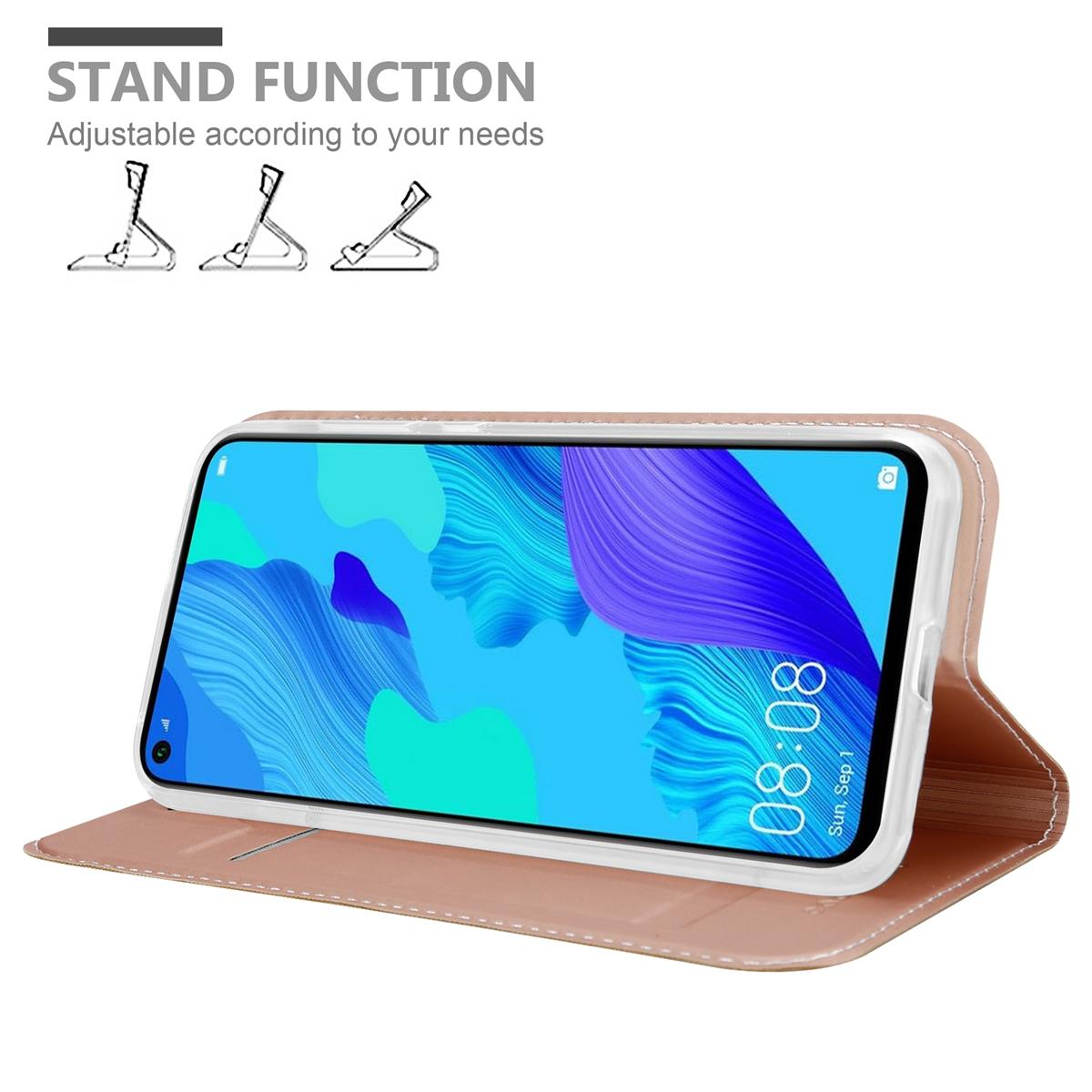 Rosa Handyhülle mit Standfunktion, hält ein Telefon mit blauem Bildschirm.