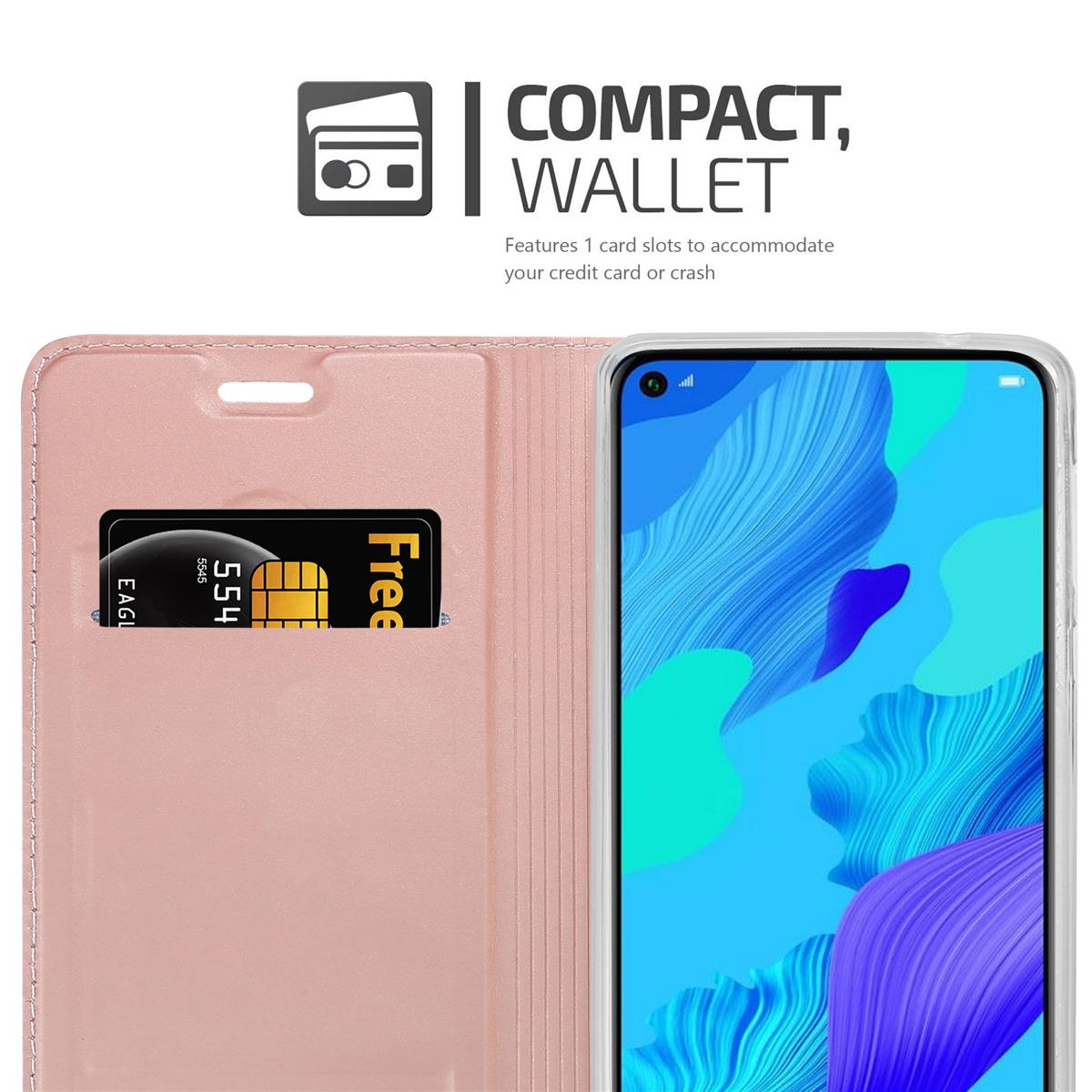 Rosa Handycase mit Telefon und Karte im Schlitz, mit Kompakt-Wallet-Zeichen.