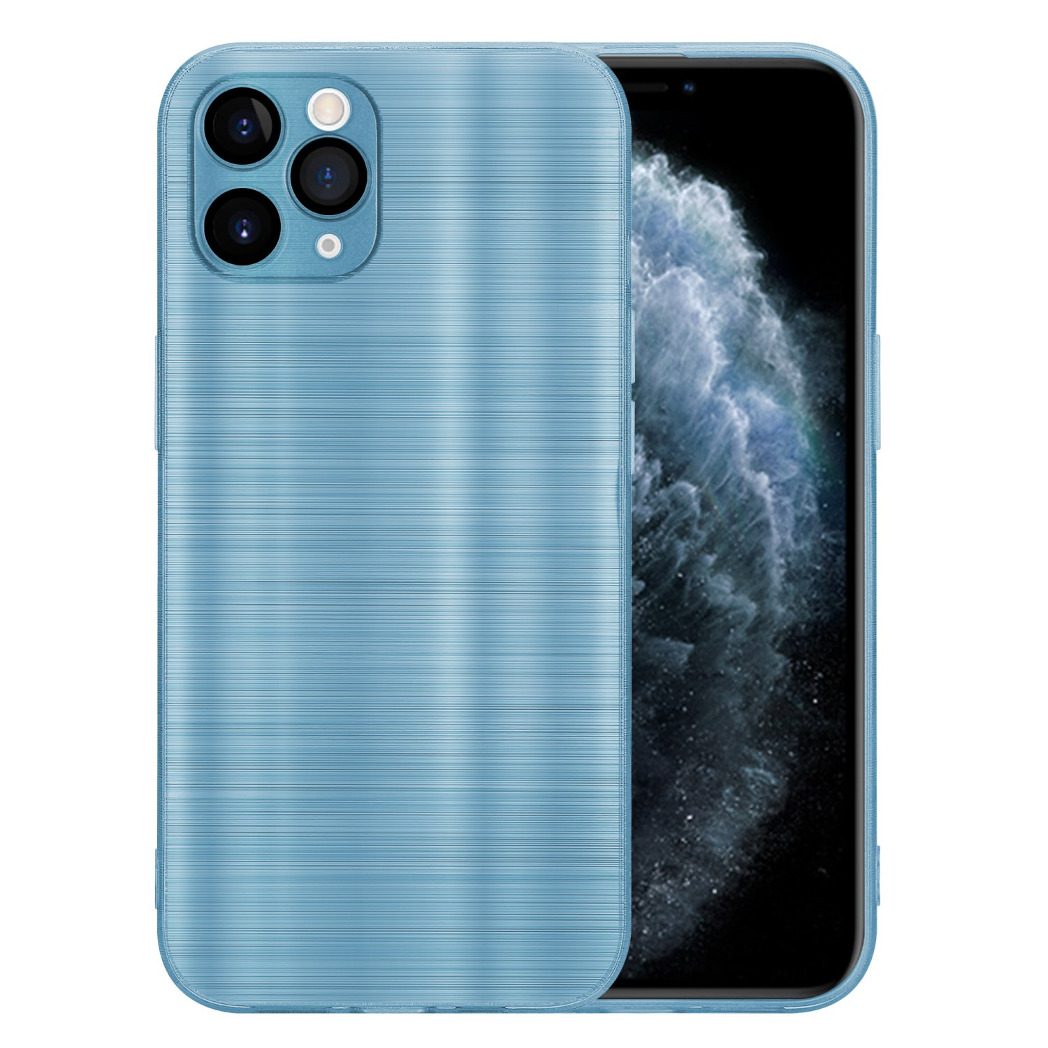 Blaue Handyhülle mit strukturiertem Design. Ein Telefon mit mehreren Kameras ist sichtbar.