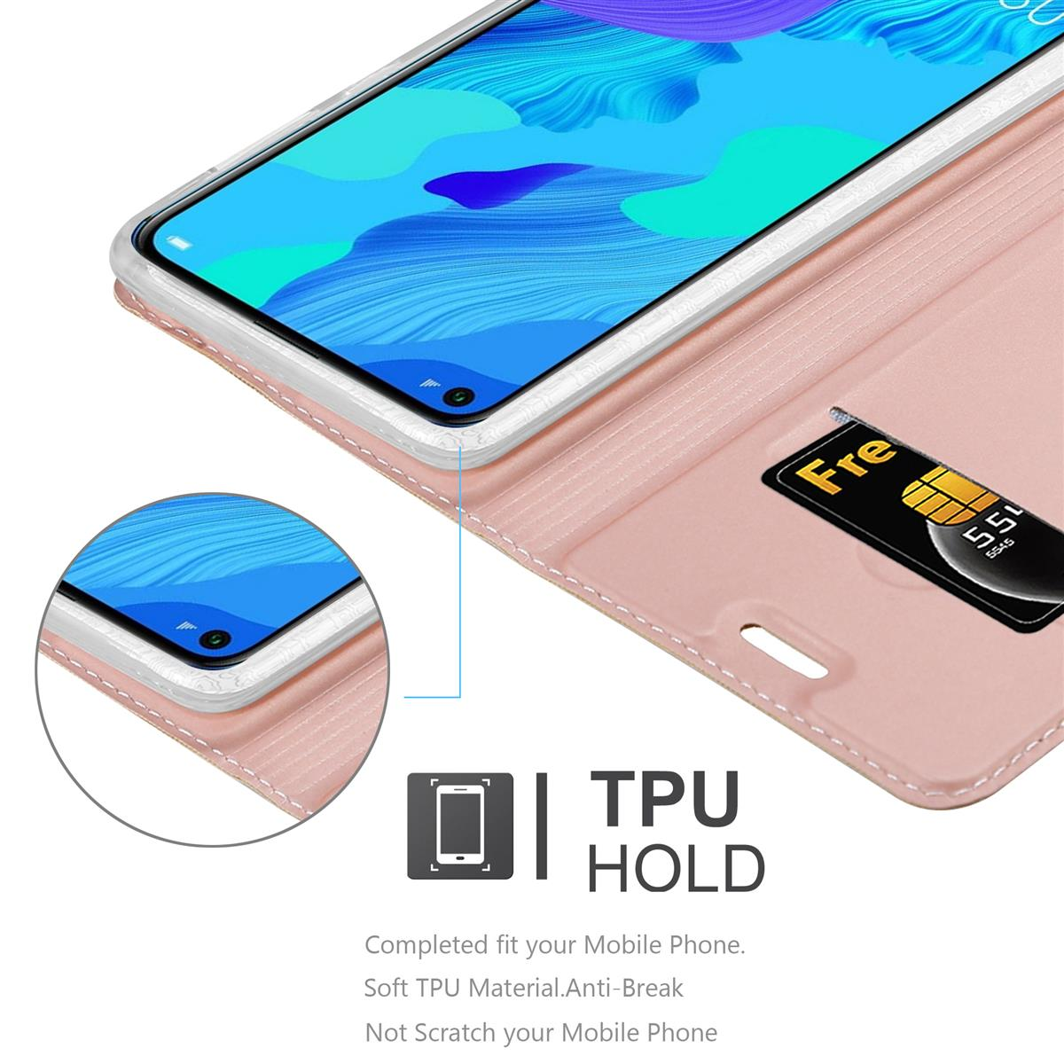 Rosa Handyhülle, geöffnet, Telefon und SIM-Karte sichtbar. Text: TPU HALTEN.