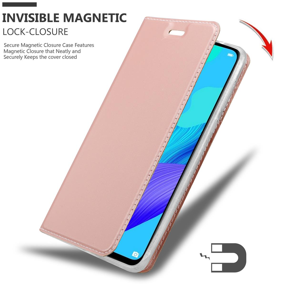 Rosa Handyhülle mit unsichtbarem Magnetverschluss, zeigt Telefon.