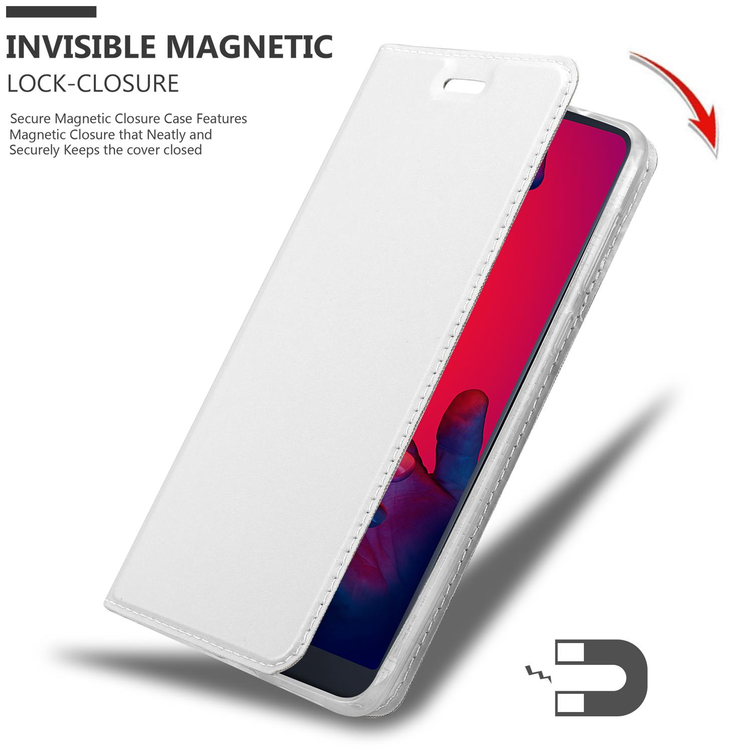 Weiße Handyhülle, offen, zeigt einen Telefonbildschirm. Magnetischer Verschluss wird gezeigt. Roter Pfeil und Magnetsymbol.