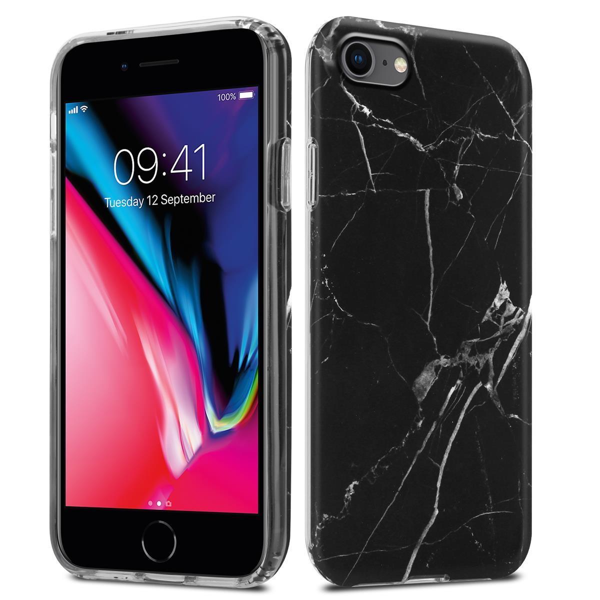iPhone con custodia trasparente. La parte anteriore mostra la schermata Home. Il retro un design marmorizzato.