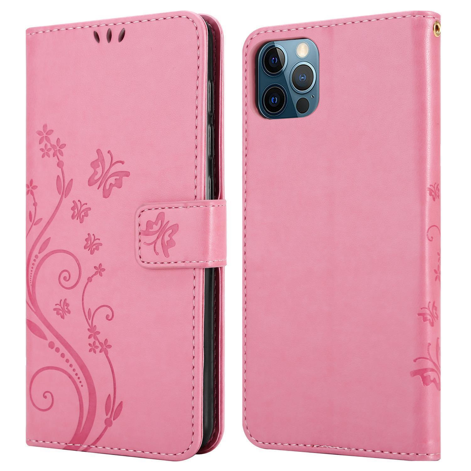 Eine rosa Handyhülle, geöffnet, um ein Telefon freizugeben. Blumen- und Schmetterlingsdesign ist sichtbar.