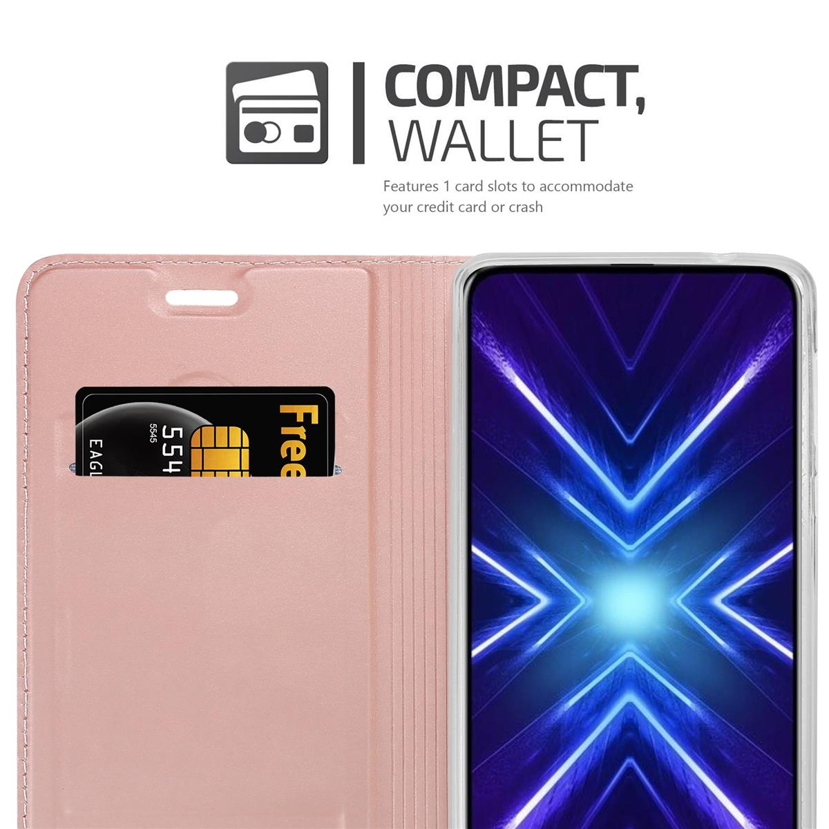 Ein Telefon in einer rosa Geldbörsenhülle mit Kartenfach. Text: COMPACT, GELDBÖRSE. Das Telefon zeigt einen Bildschirm.