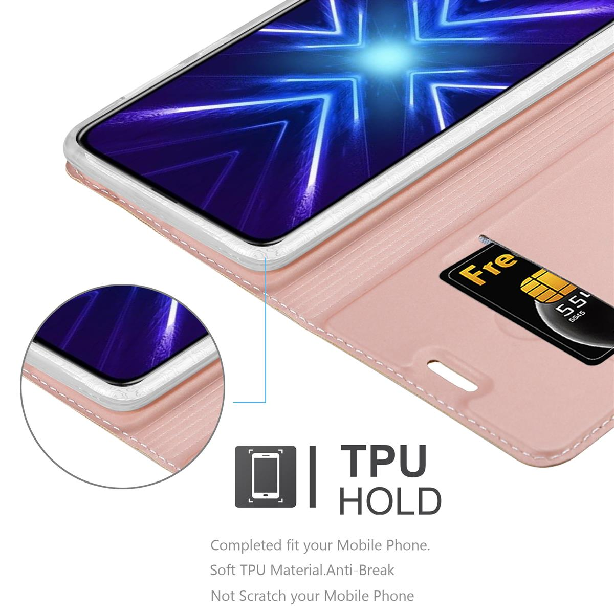 Rosa Handyhülle im Brieftaschendesign, ein Telefon ist innen sichtbar, und eine SIM-Karte.