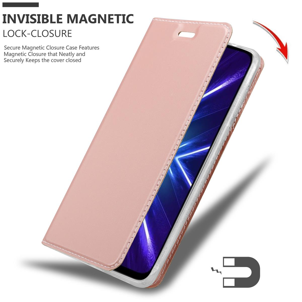 Pinke Handyhülle mit Magnetverschluss. Das Telefon ist innen sichtbar. Weißer Hintergrund.
