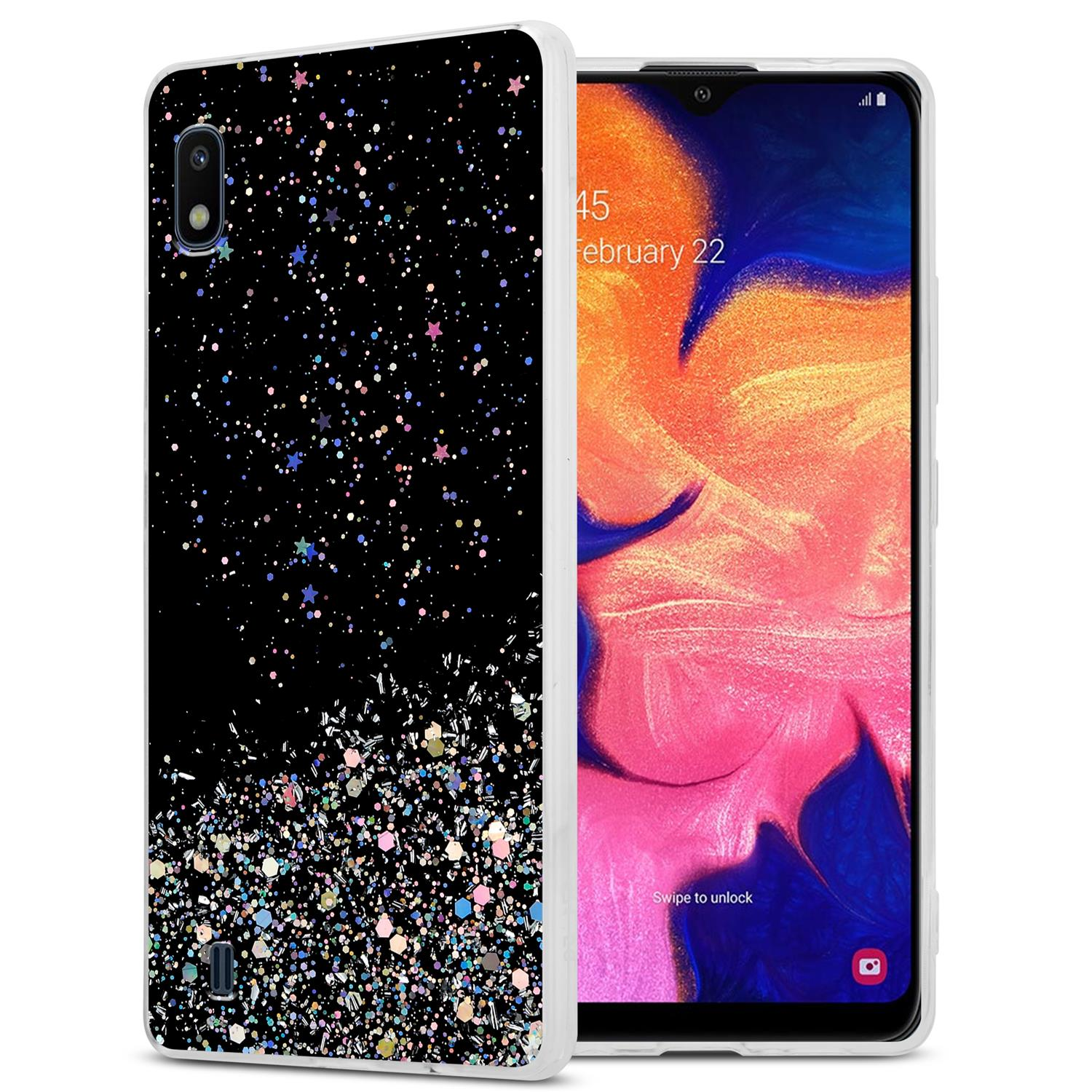 Handyhülle mit schwarzem Hintergrund. Es ist mit glitzernden Glitzer und Sternen bedeckt. Der Telefonbildschirm ist sichtbar.