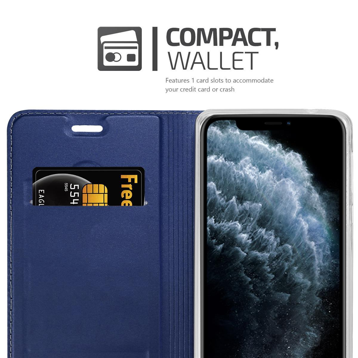 Blaue Brieftaschen-Hülle mit Telefon. Kreditkarte sichtbar. Text: Kompakte Geldbörse. 1 Kartenfach.