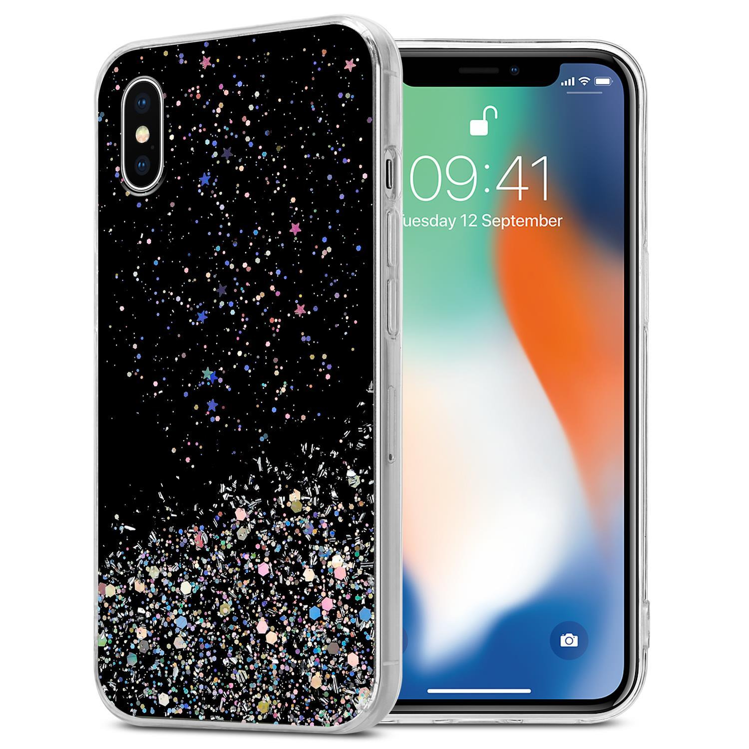 Transparente Handyhülle mit schwarzem Glitzer. Ein Telefon zeigt Zeit und Datum an.