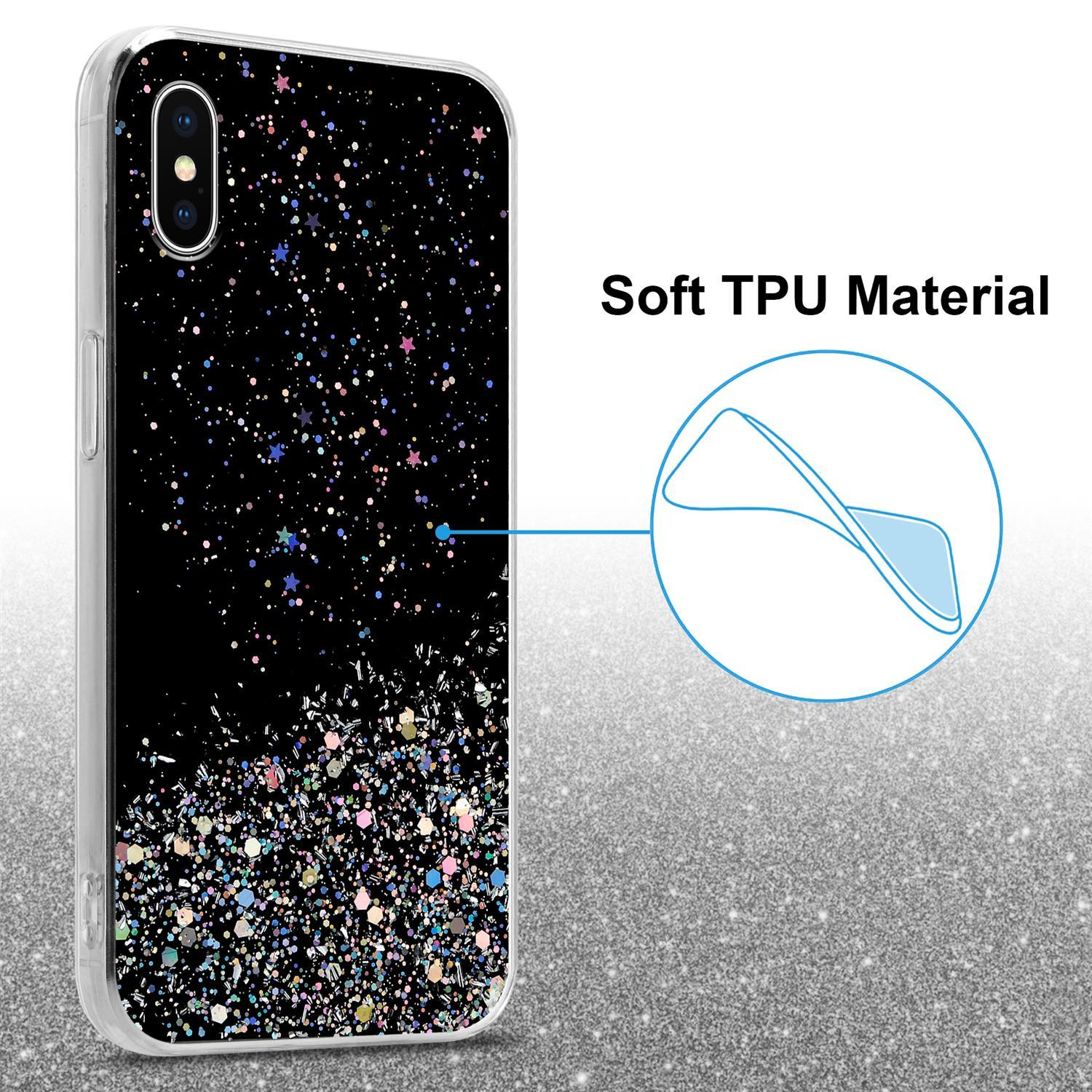 Schwarze Handyhülle mit Glitzerdesign. Ein Kreis mit Nahaufnahme des Glitzers.