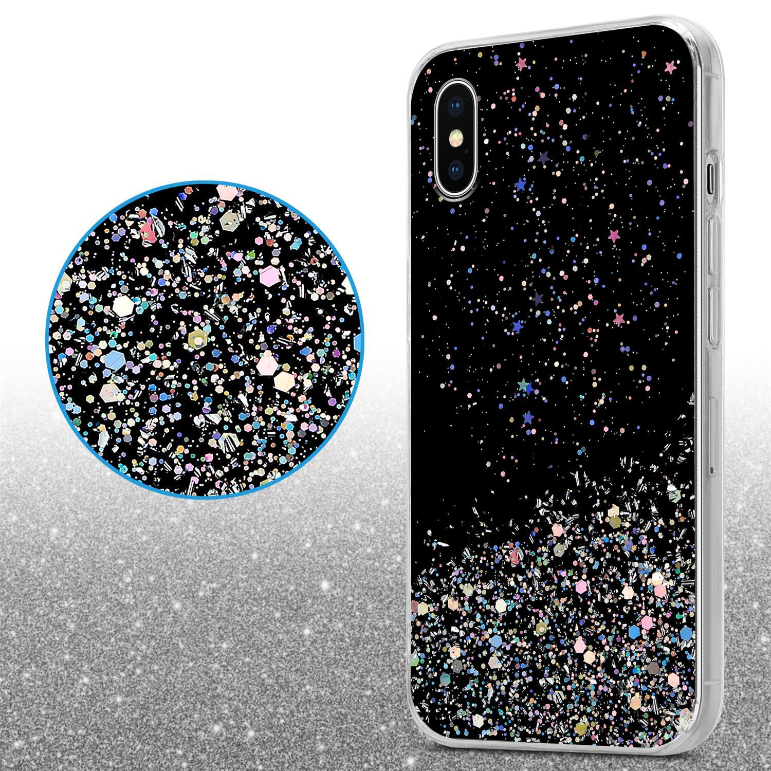 Handyhülle, schwarz mit Glitzer. Die Hülle hat eine Nahaufnahme des Glitzers.
