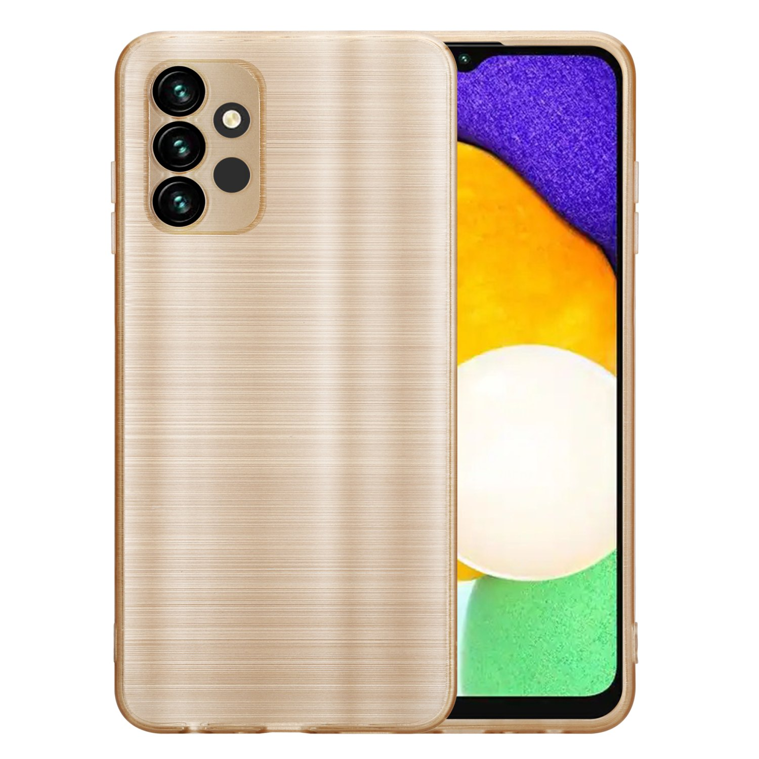 Custodia dorata con una texture spazzolata. Il telefono è su uno sfondo viola e verde.