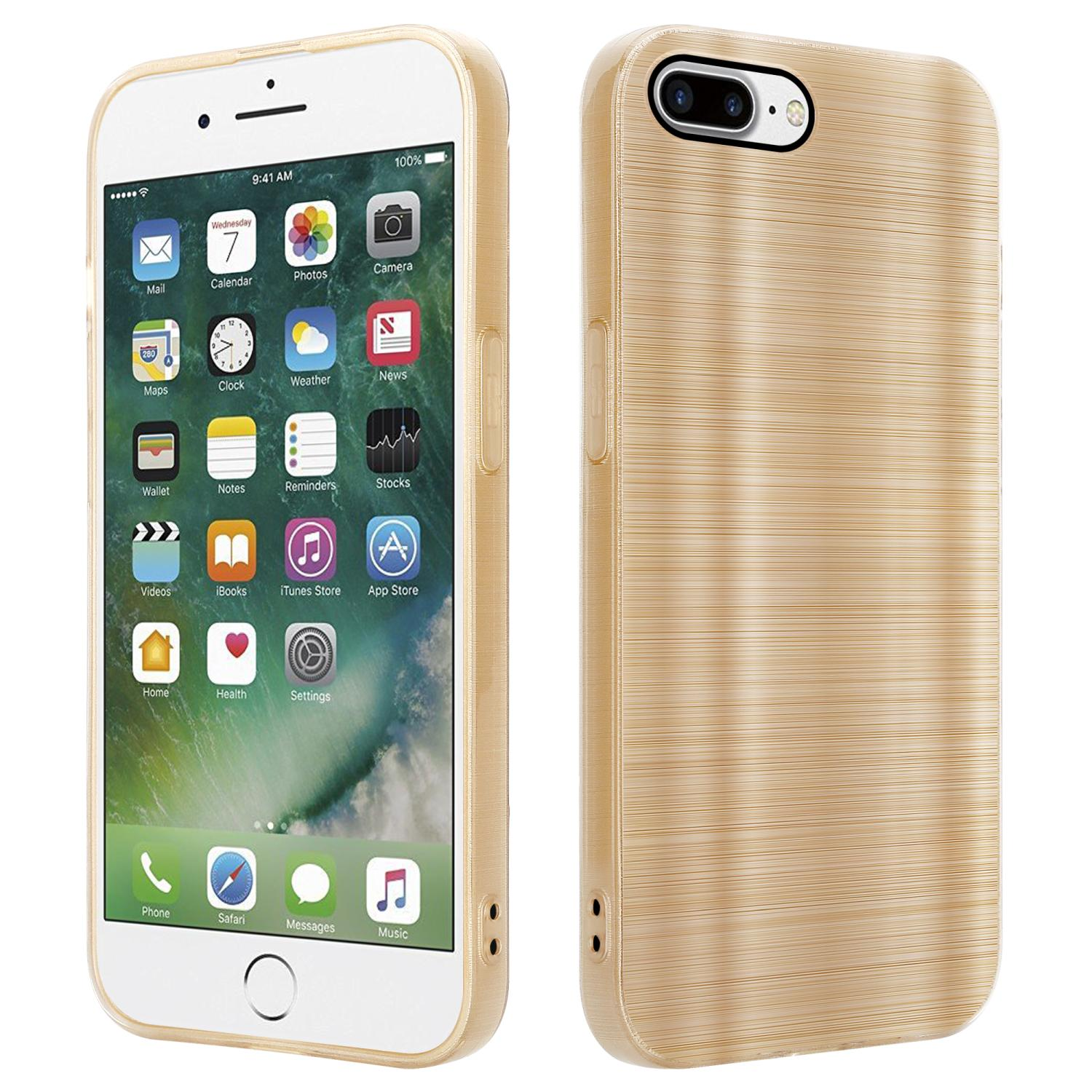 Goldene Handyhülle mit Holzstruktur und ein iPhone, dessen Startbildschirm sichtbar ist.