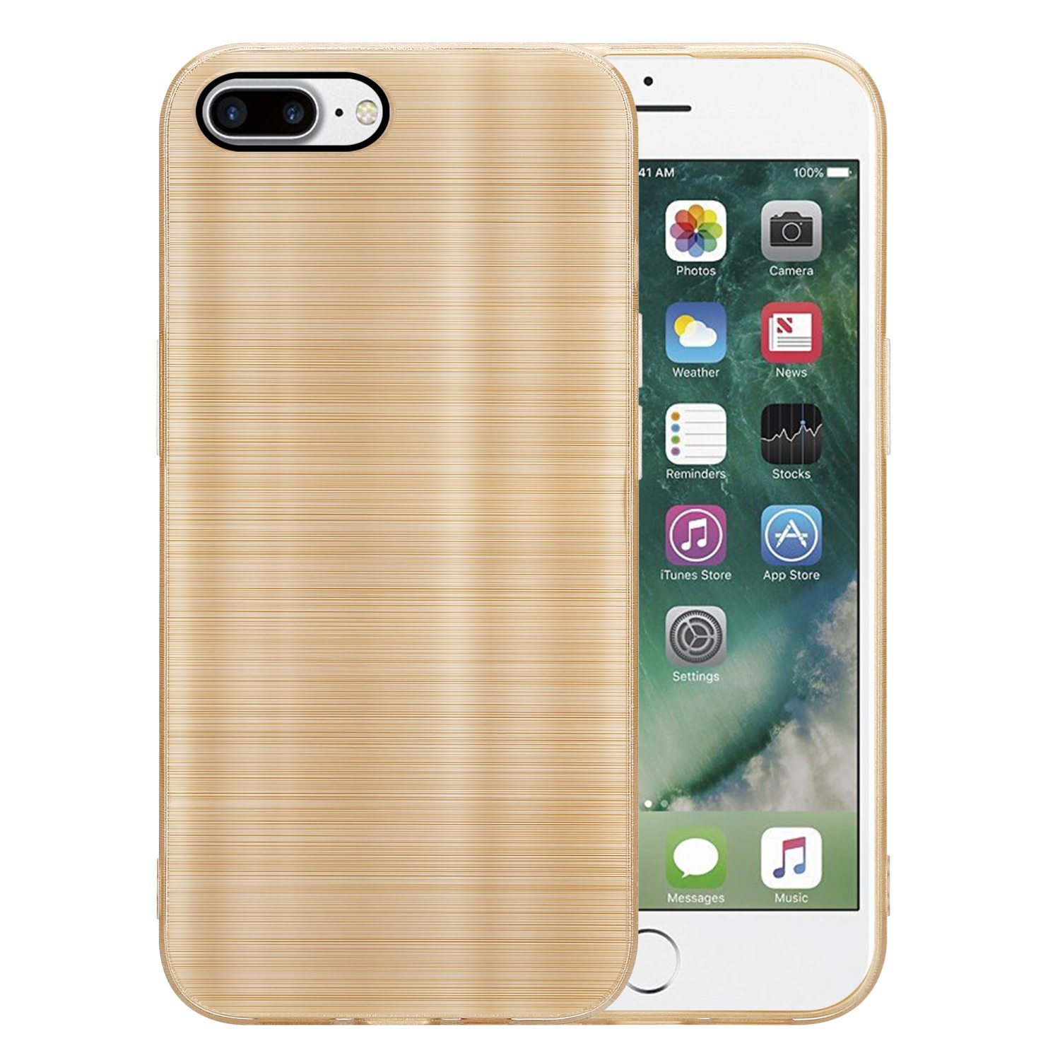 Goldene Handyhülle auf einem weißen Telefon. Das Telefon hat die App-Symbole auf dem Bildschirm.
