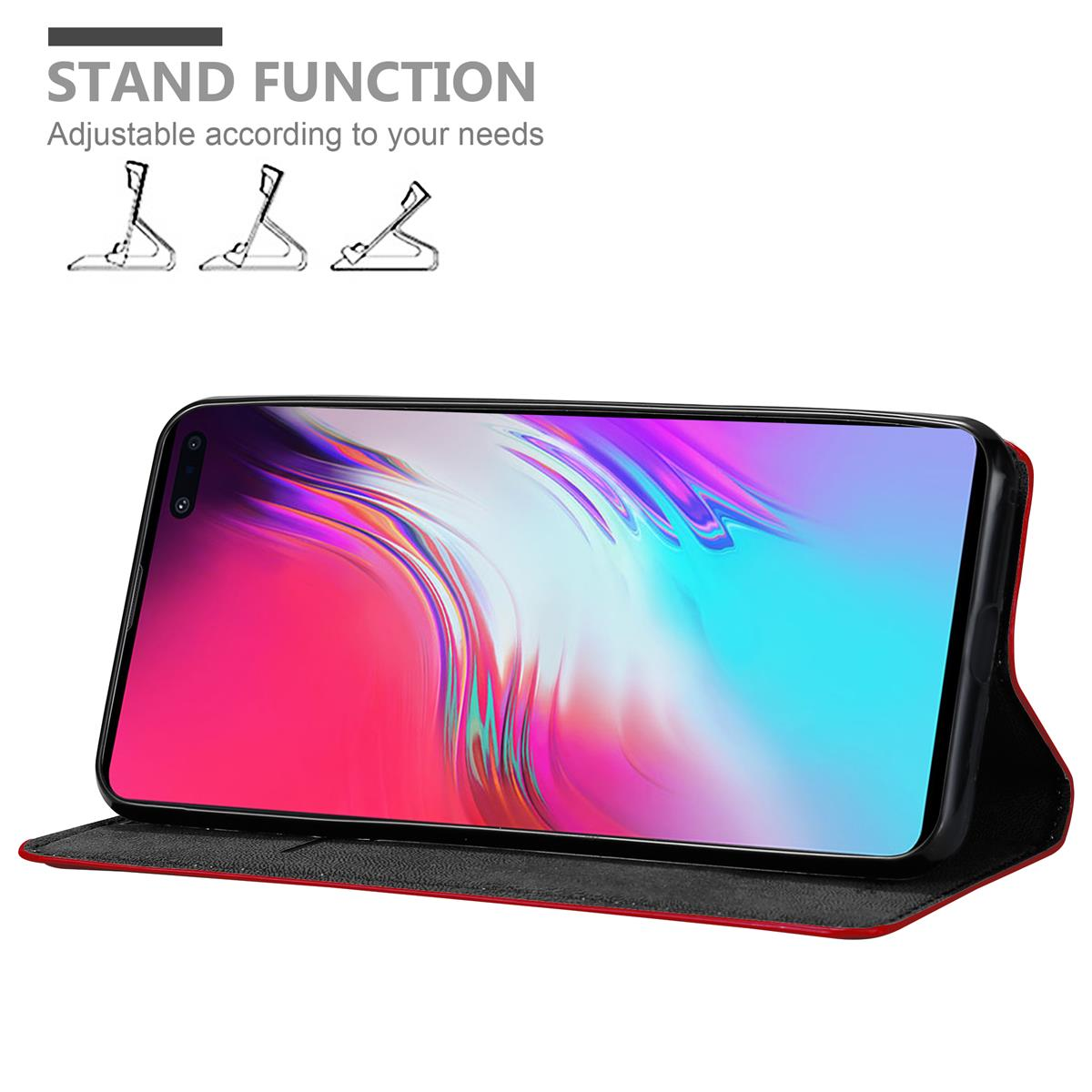Schwarzes Telefon in einem roten Folio-Etui, geöffnet, um den Bildschirm anzuzeigen, mit Standfunktion.