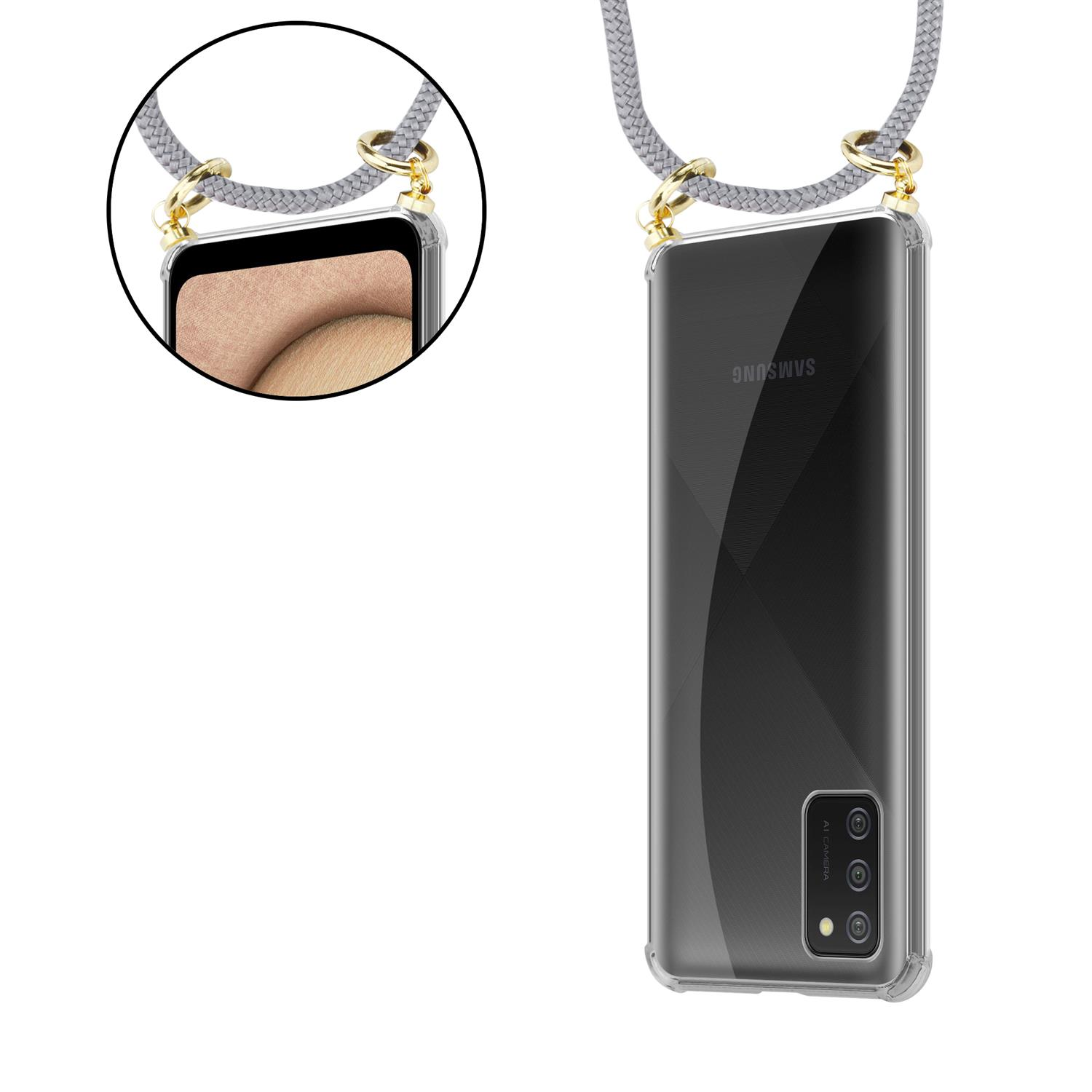 CADORABO Handy Kette mit Gold SILBER A02s, Hülle, Galaxy Backcover, GRAU Band und abnehmbarer Samsung, Kordel Ringen