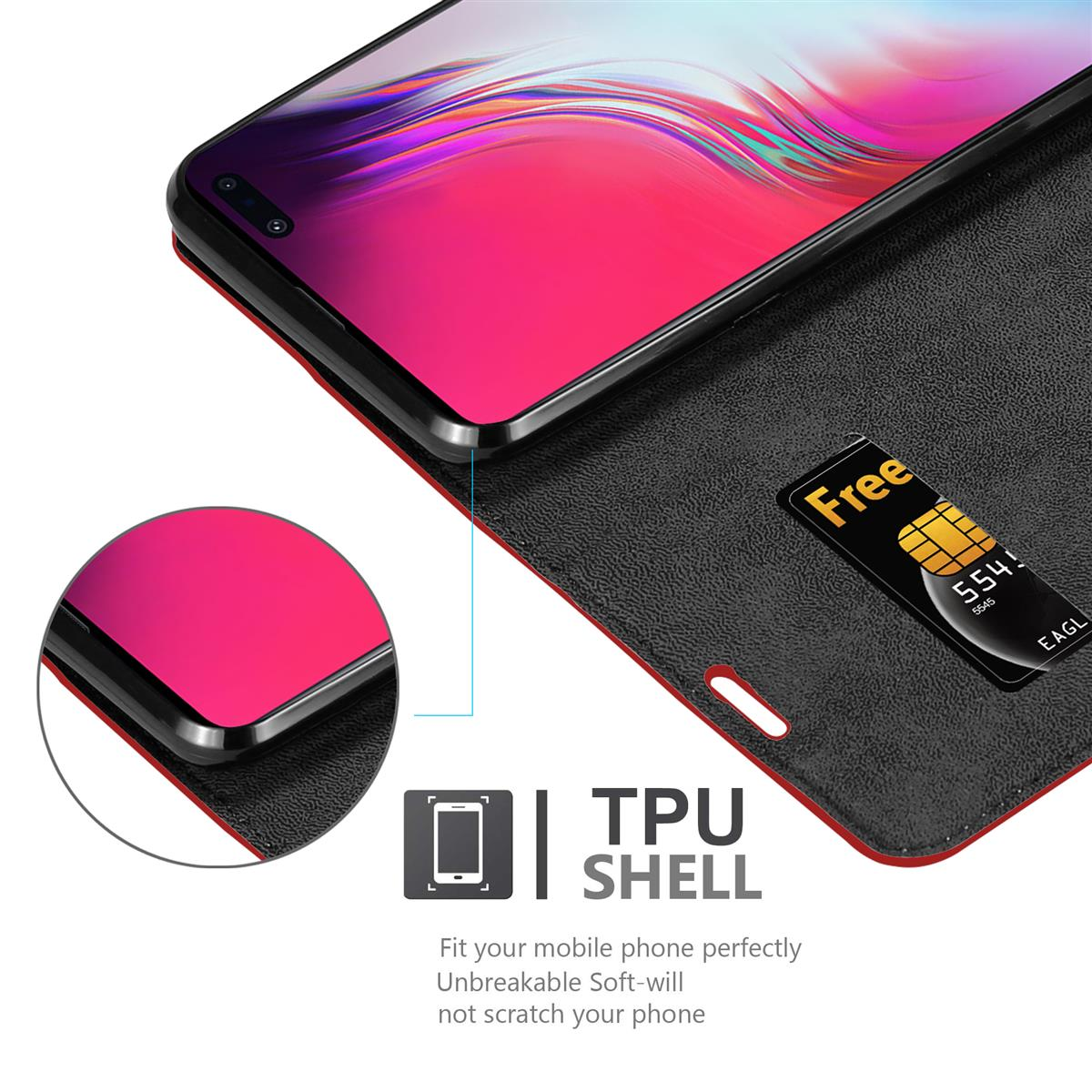 Handyhülle mit Telefon. Karte sichtbar, TPU SHELL Text vorhanden.
