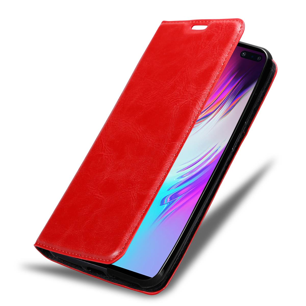 Rote Leder-Handyhülle, geöffnet, um den Telefonbildschirm zu zeigen.