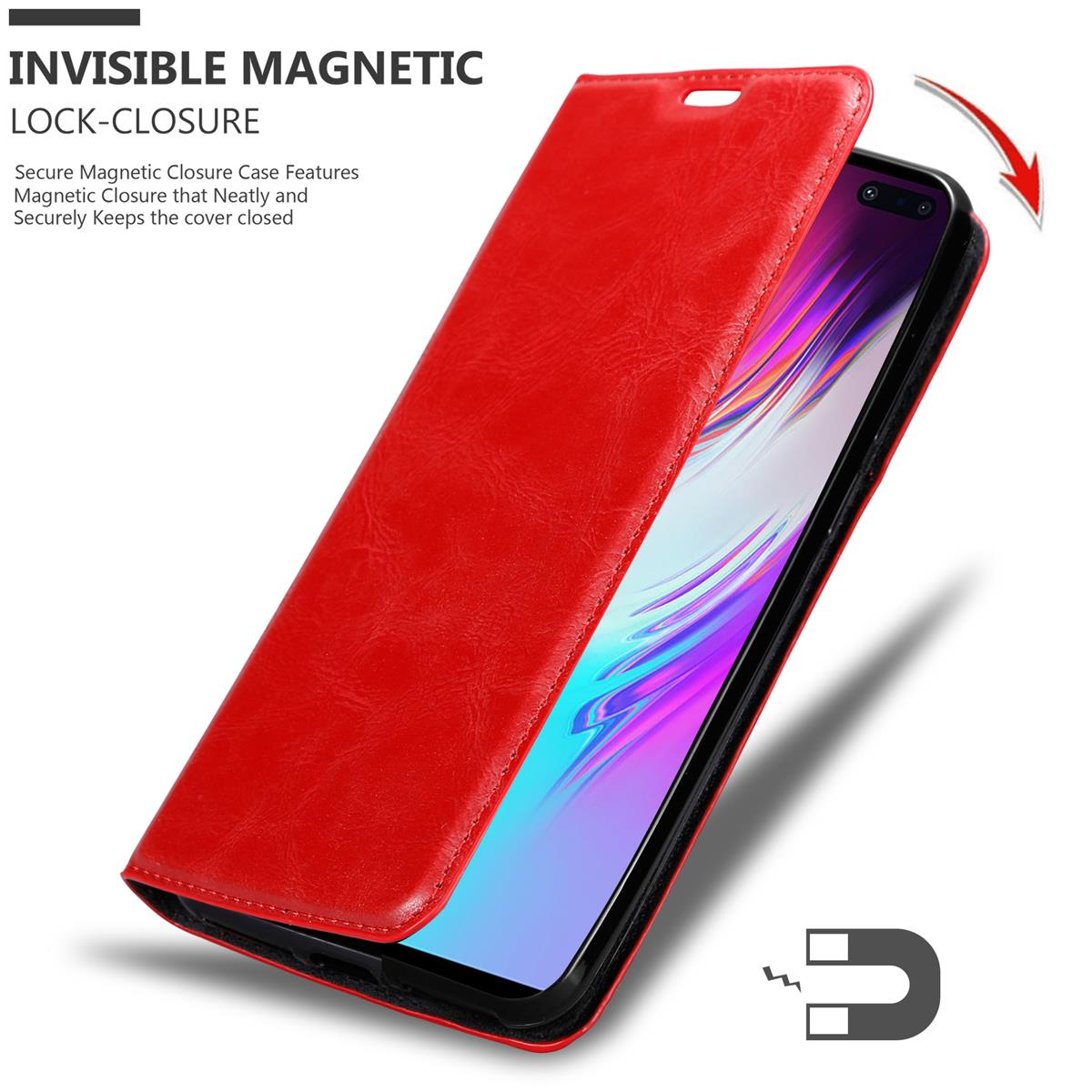 Rotes Leder-Handycase geöffnet, zeigt ein Handy. Text: INVISIBLE MAGNETIC LOCK-CLOSURE.