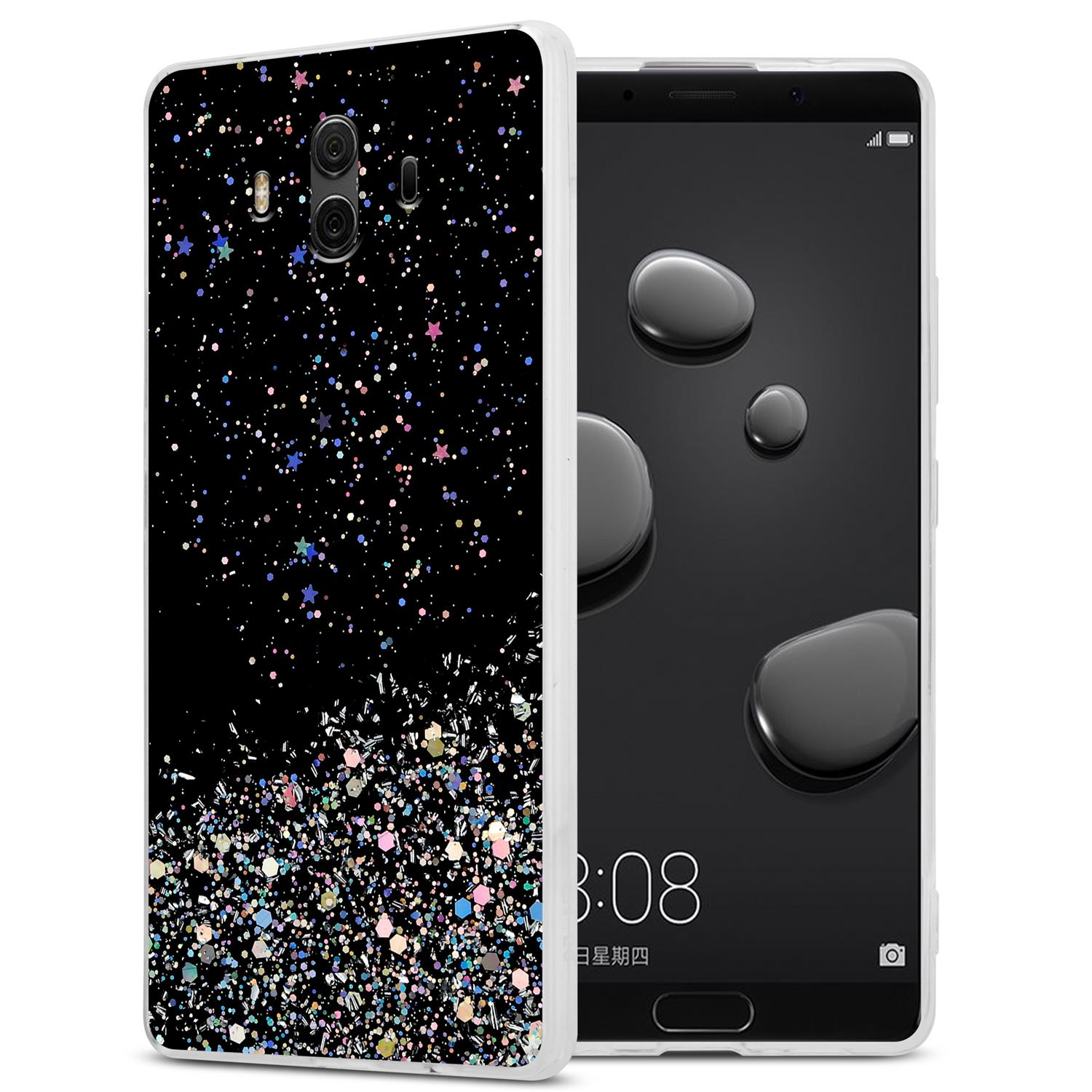Schwarze Handyhülle mit buntem Glitzer. Sie bedeckt das Telefon. Der Bildschirm ist an.