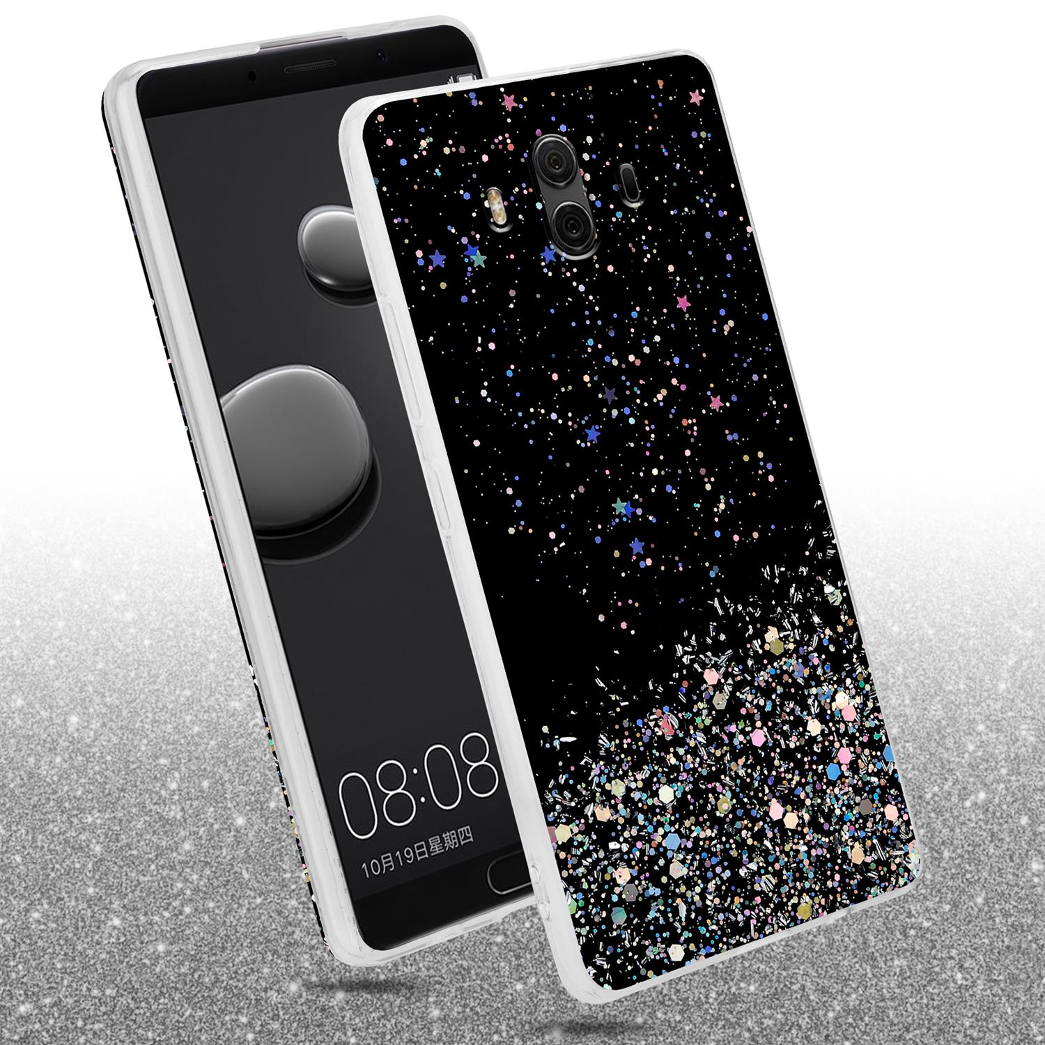 Handyhülle mit Glitzer-Design. Schwarzer Hintergrund mit Sternen. Telefonbildschirm sichtbar.