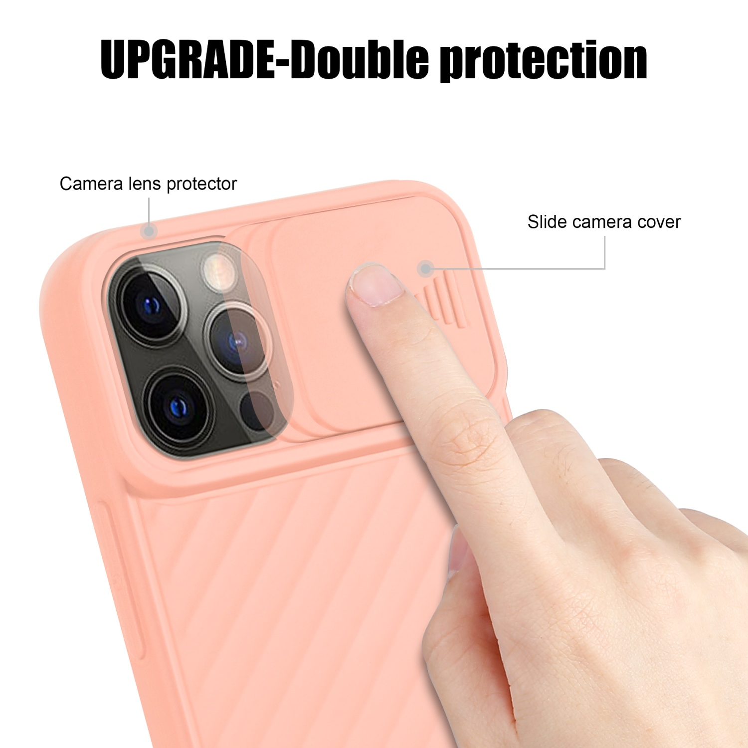 Nahaufnahme einer rosa Handyhülle mit Kameraabdeckung. Ein Finger schiebt die Abdeckung auf.