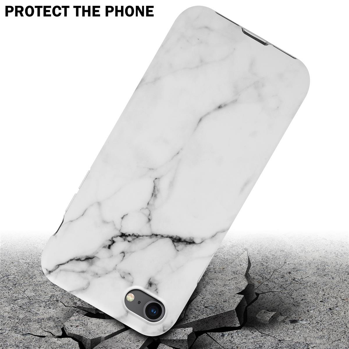 Custodia per telefono in marmo bianco che cade, crepe sul terreno, e le parole proteggono il telefono.