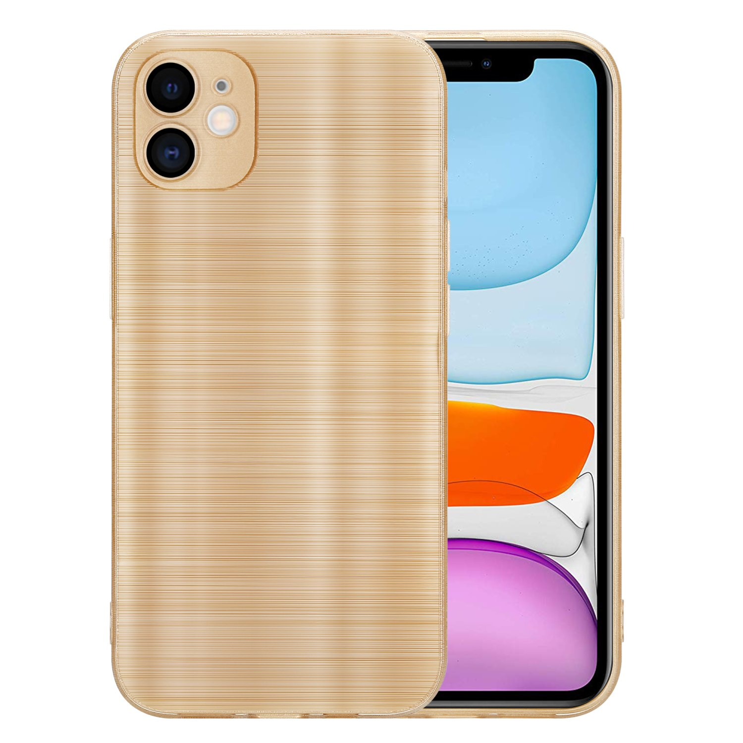 Custodia per telefono con trama dorata spazzolata. Il telefono è all'interno della custodia. Lo schermo mostra un'app con un design a colori.