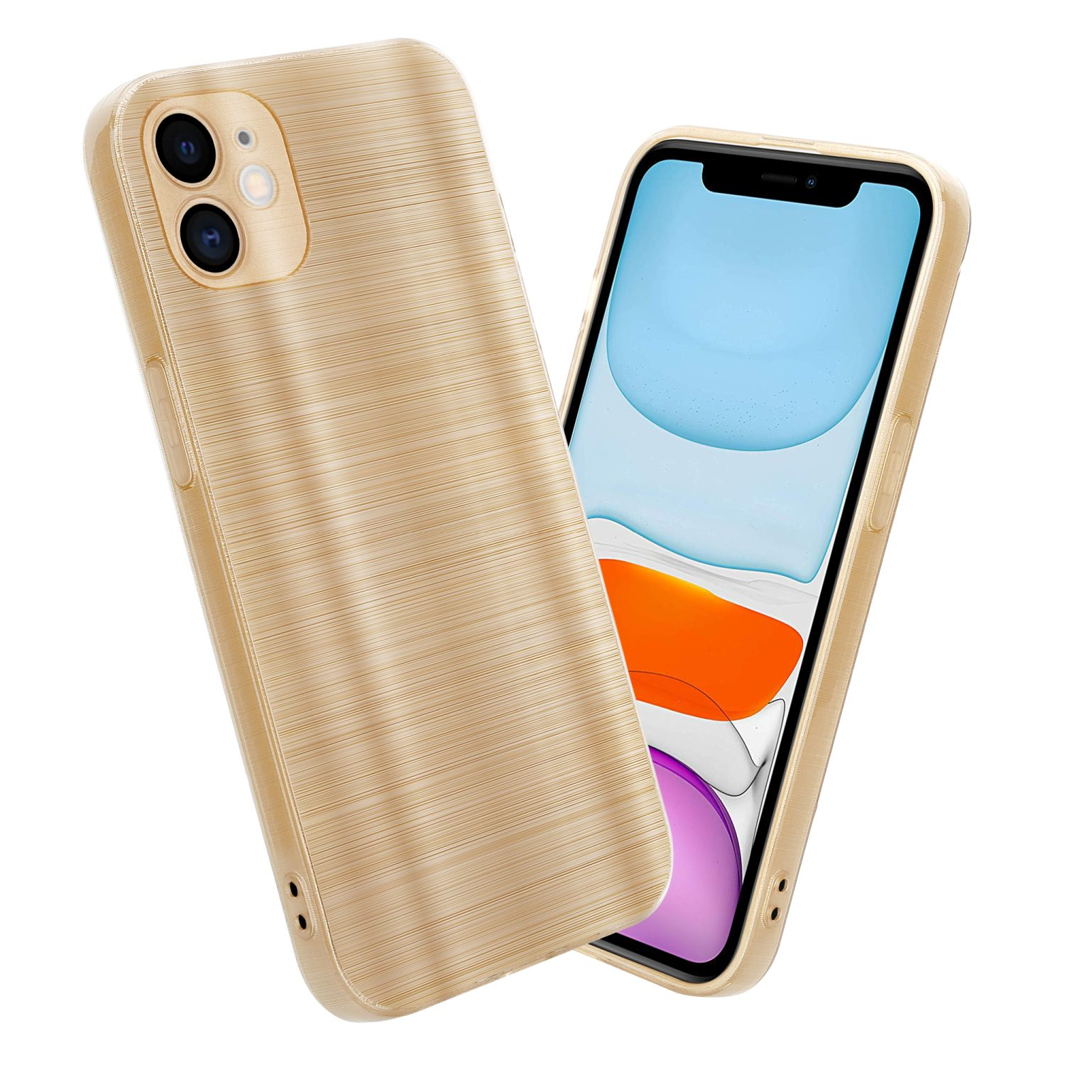 Custodia per telefono con texture in legno, con un telefono all'interno, su superficie bianca.