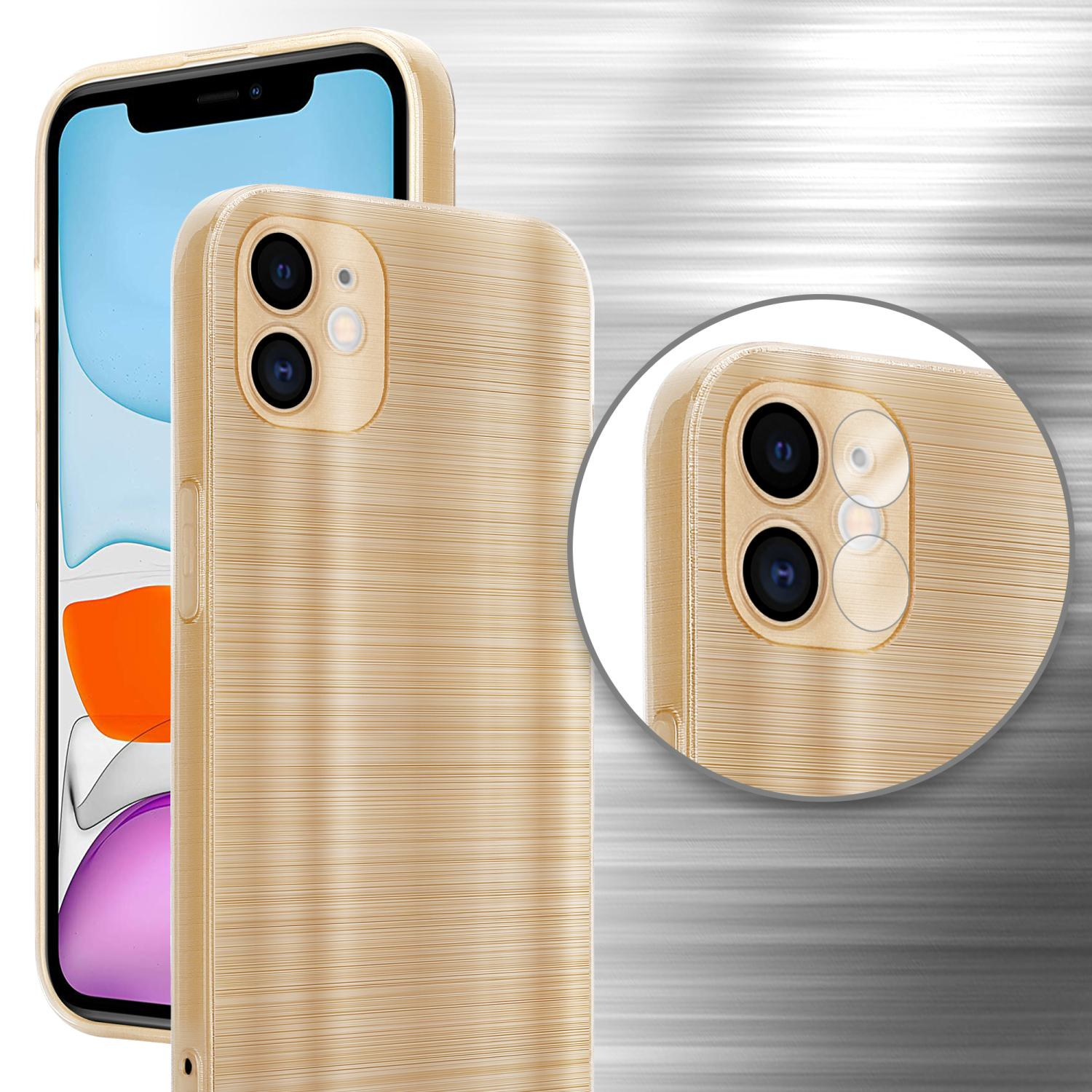 Custodia dorata per telefono, primo piano della parte posteriore con obiettivi della fotocamera. Vista dettagliata degli obiettivi.