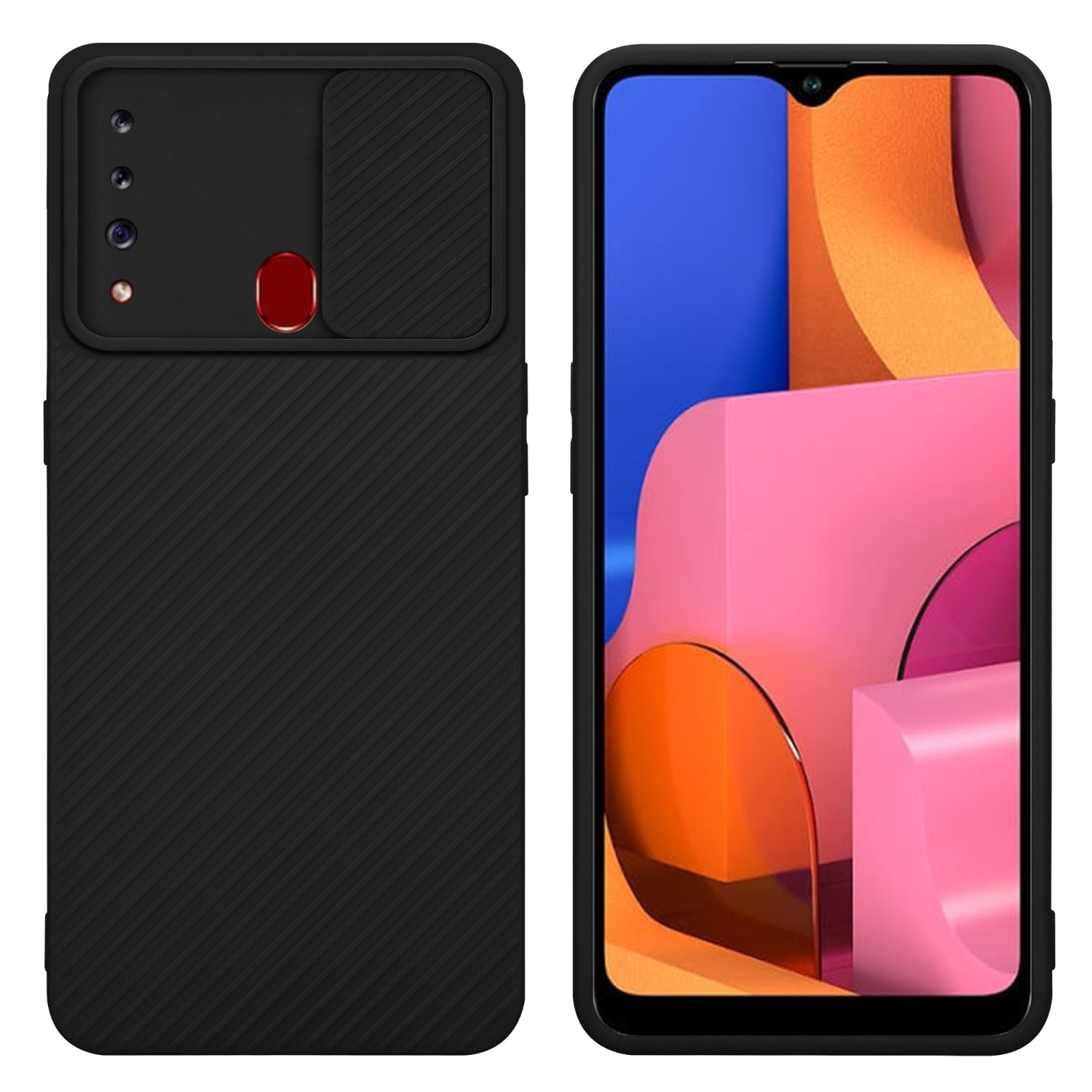 Zwei schwarze Telefone. Eines mit Kameraabdeckung, das andere mit pink-orangem Kunstdisplay.