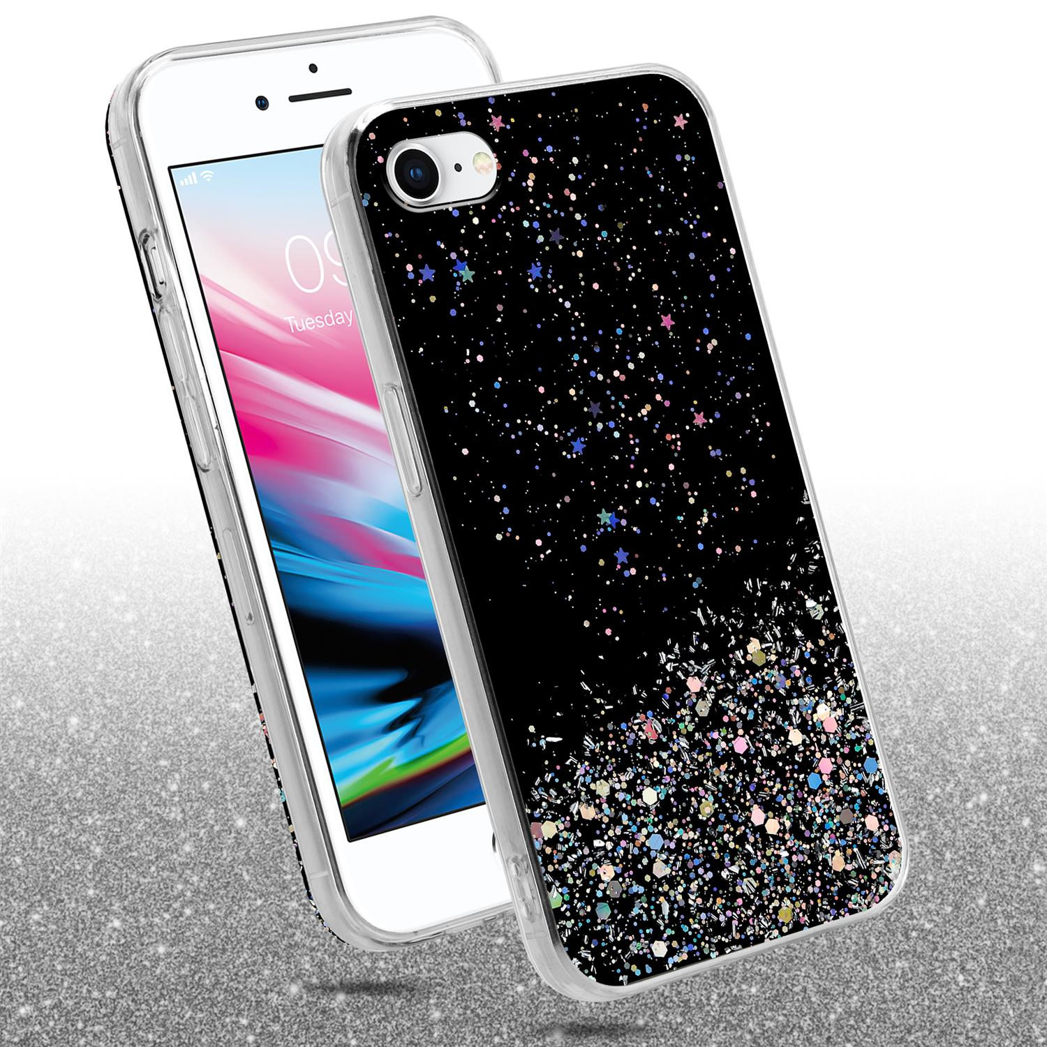 Weißes iPhone und schwarze Glitzer-Handyhülle. Glitzer ist am Boden der Hülle.
