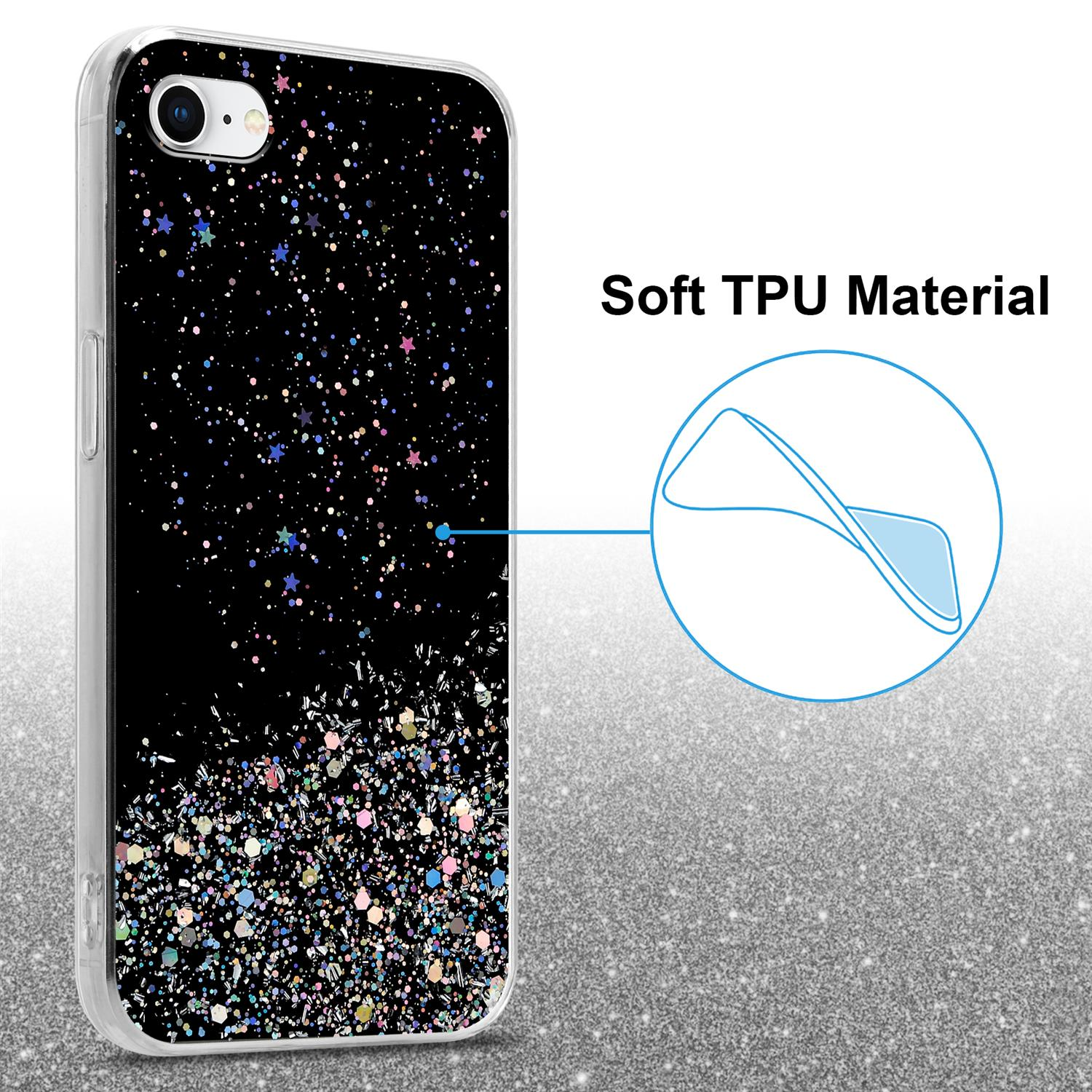 Schwarze Handyhülle mit Glitzerdesign. Klarer Gehäuserand. Text lautet "Soft TPU Material".