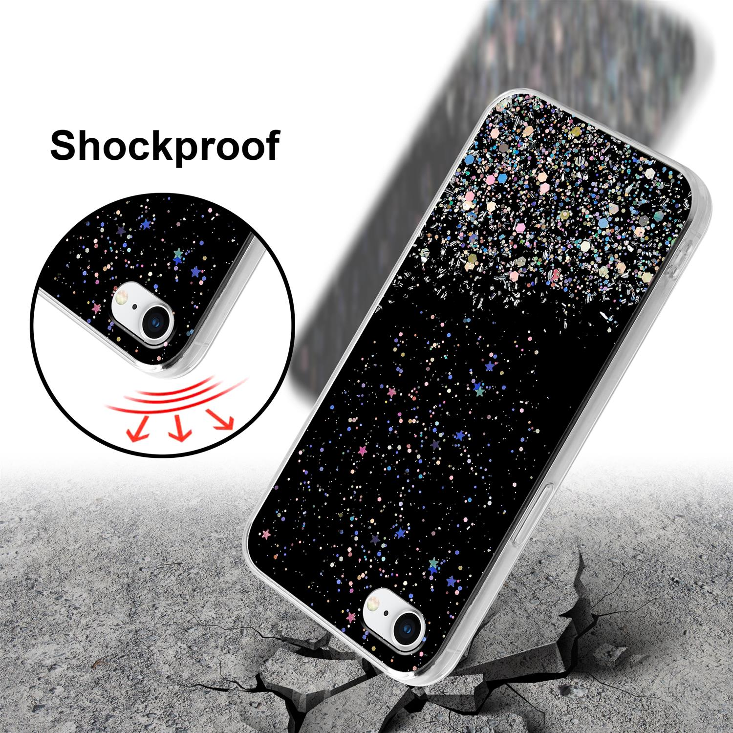 Eine Handyhülle mit Glitzermuster auf schwarzem Hintergrund, mit Pfeilen, die die stoßfeste Funktion anzeigen.