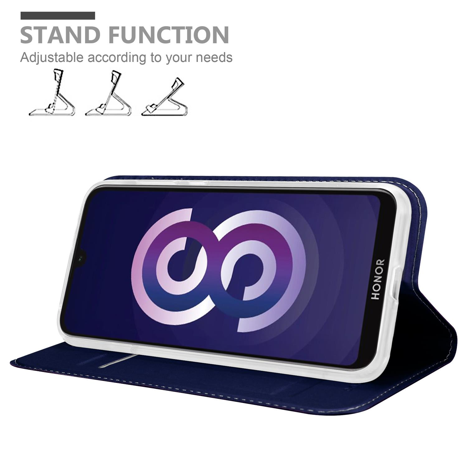 Custodia blu, aperta, con schermo bianco con logo bianco e viola. Funzione supporto visibile.